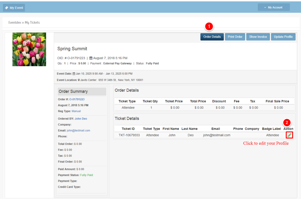 Eventdex Ticket Details edit option