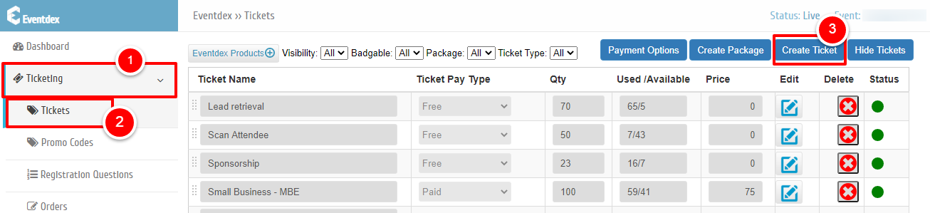Eventdex Ticketing and Tickets navigation