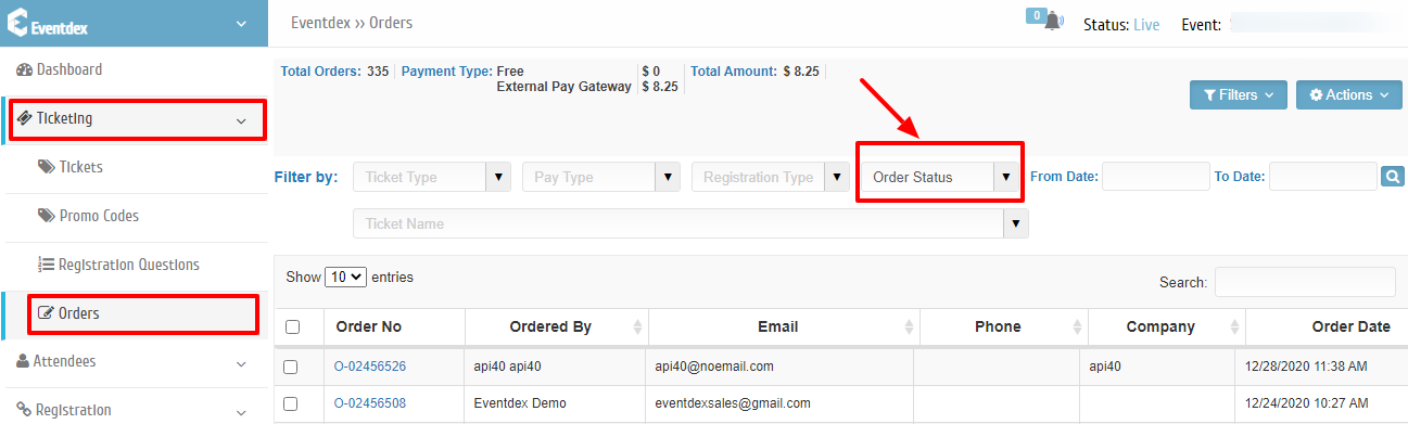 Order Status dropdown