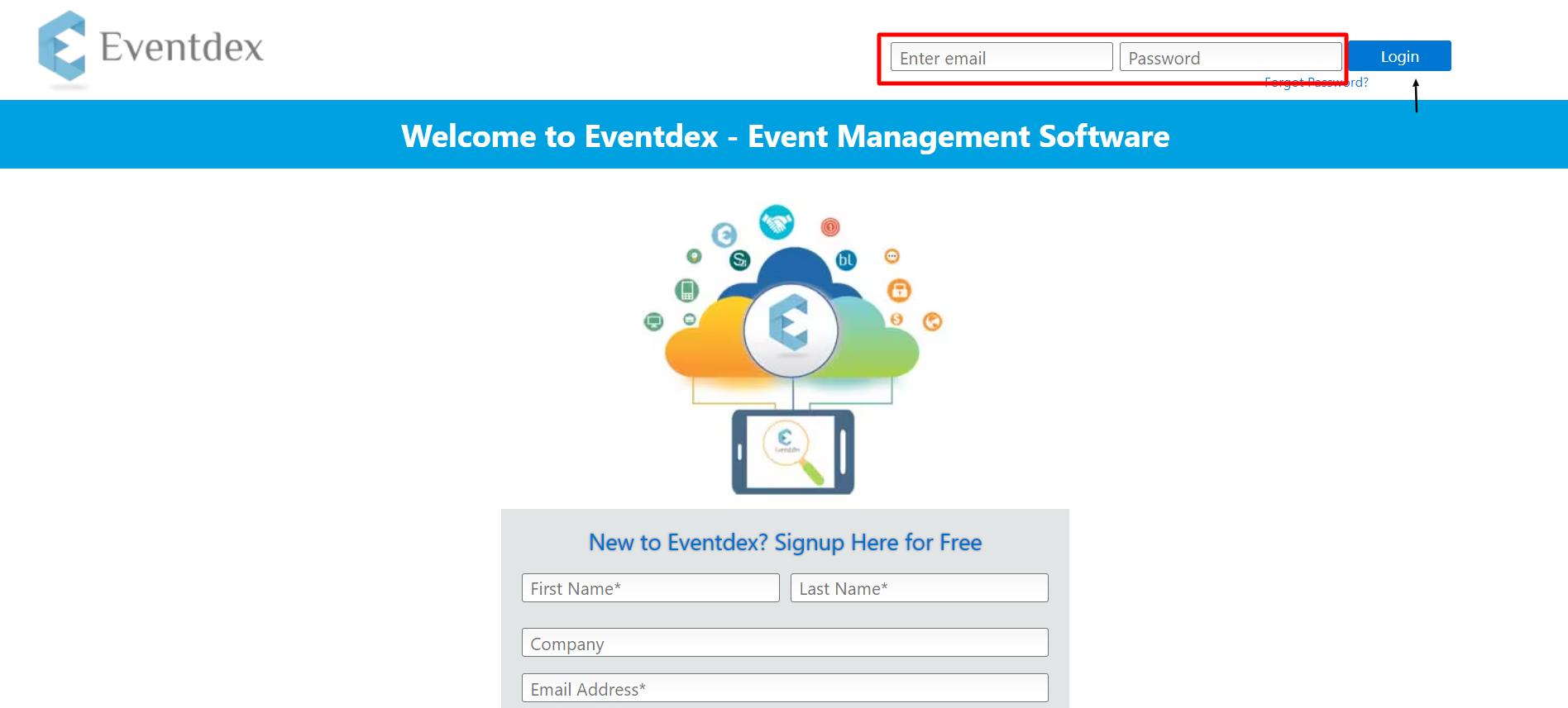 Eventdex login and signup page