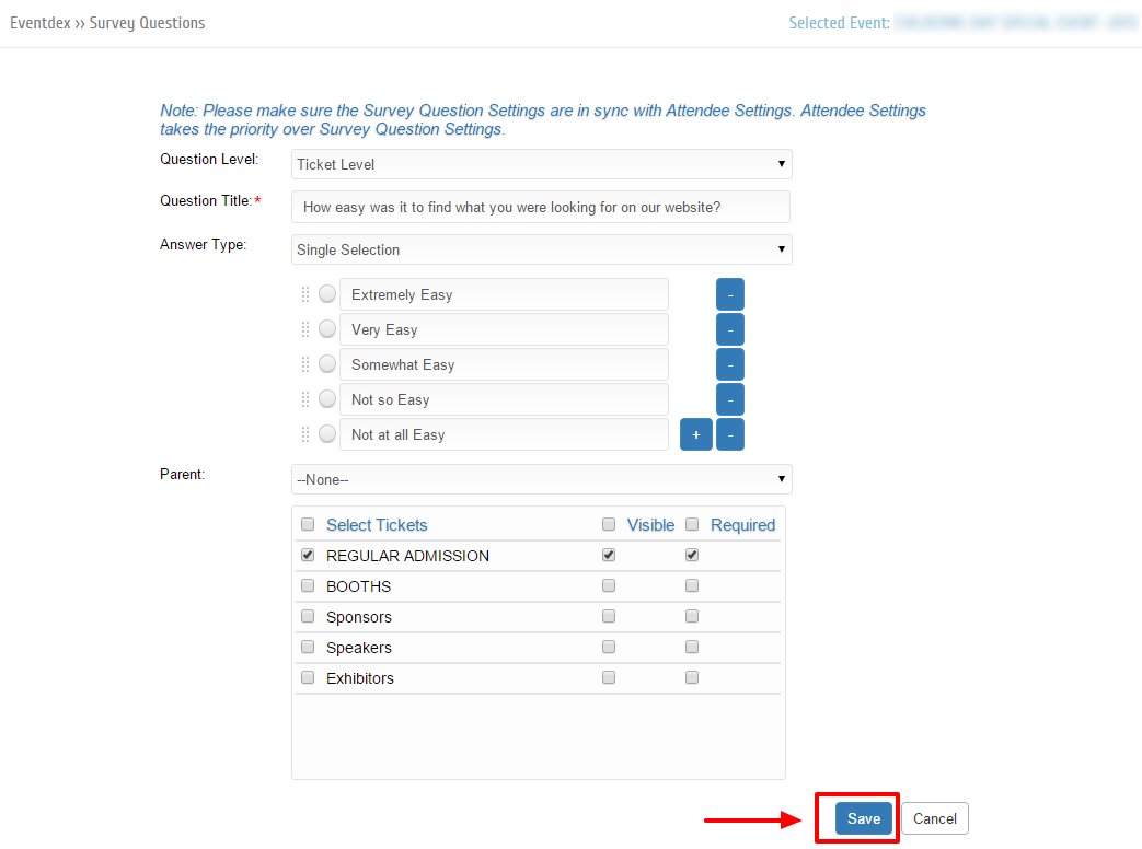 Edit Ticket level Survey and save