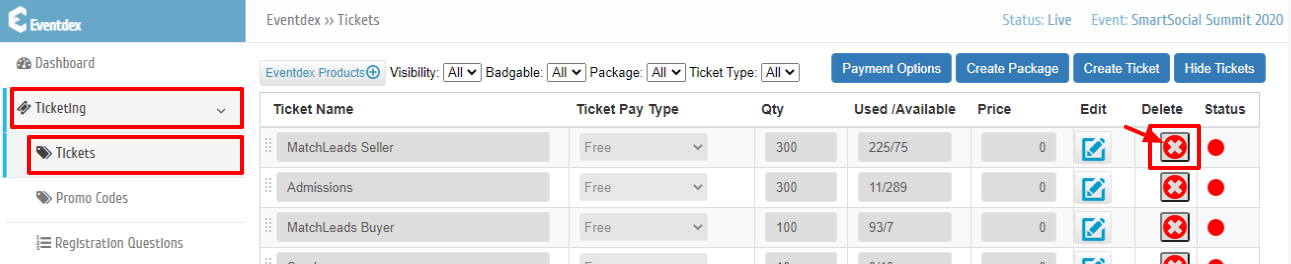 Delete ticket from Manage Ticket screen