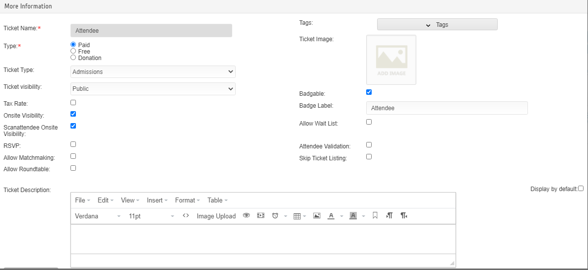 Eventdex Ticket More Information settings