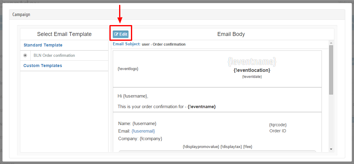 Standard System template email boby edit