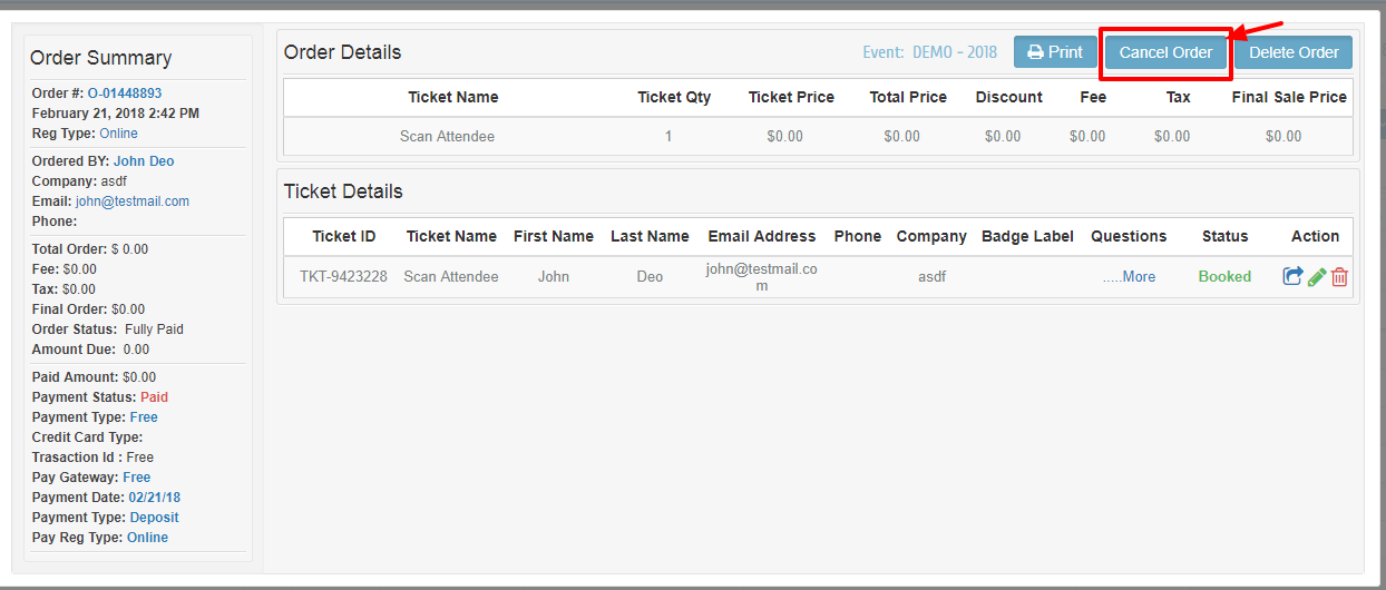 Cancel Order confirmation