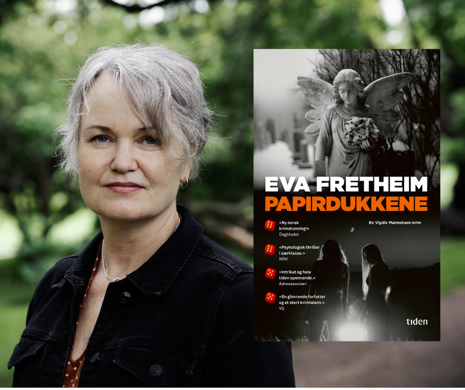 Portrett av Eva Fretheim og omslag av boka Papirdukkene