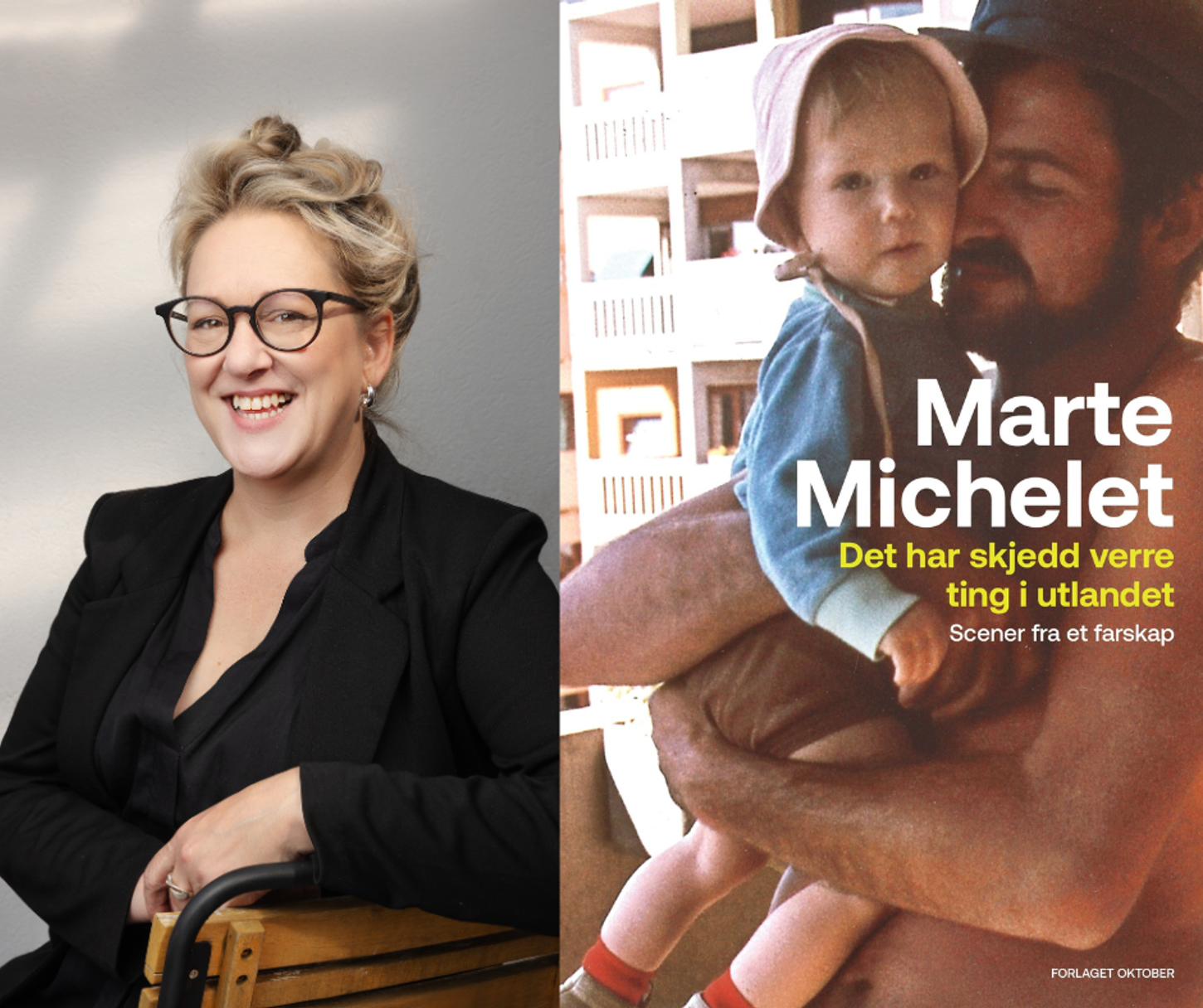 Portrett av Marte Michelet, og omslag av boka "Det har skjedd verre ting i utlandet"