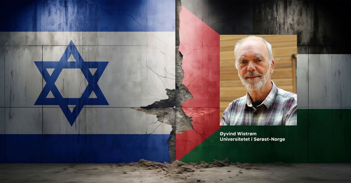 Israels flagg og Palestinas flagg, med innfelt bilde av Øyvind Wistrøm