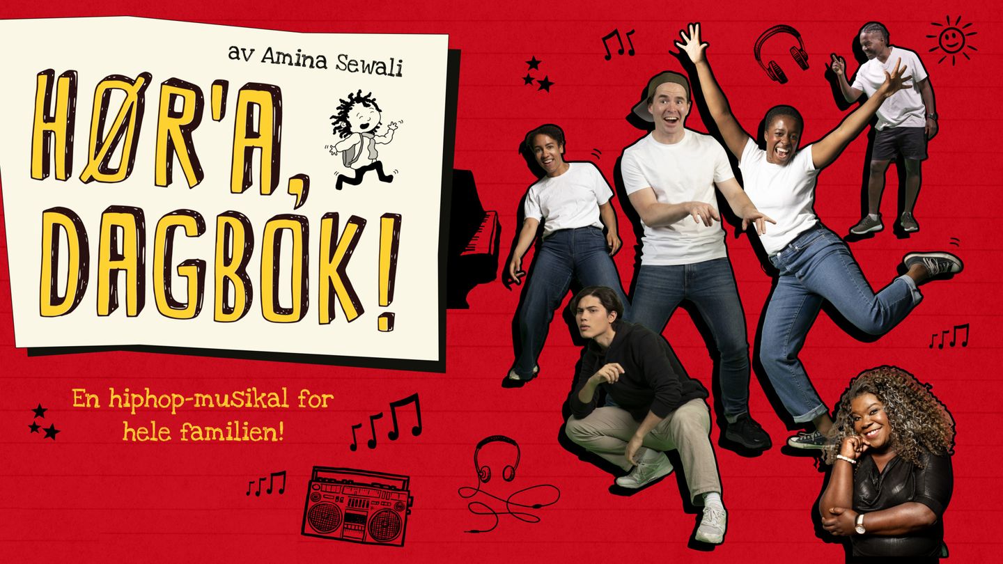 Plakat for forestillingen "Hør'a, dagbok!". Rød bakgrunn med en gruppe dansende mennesker.