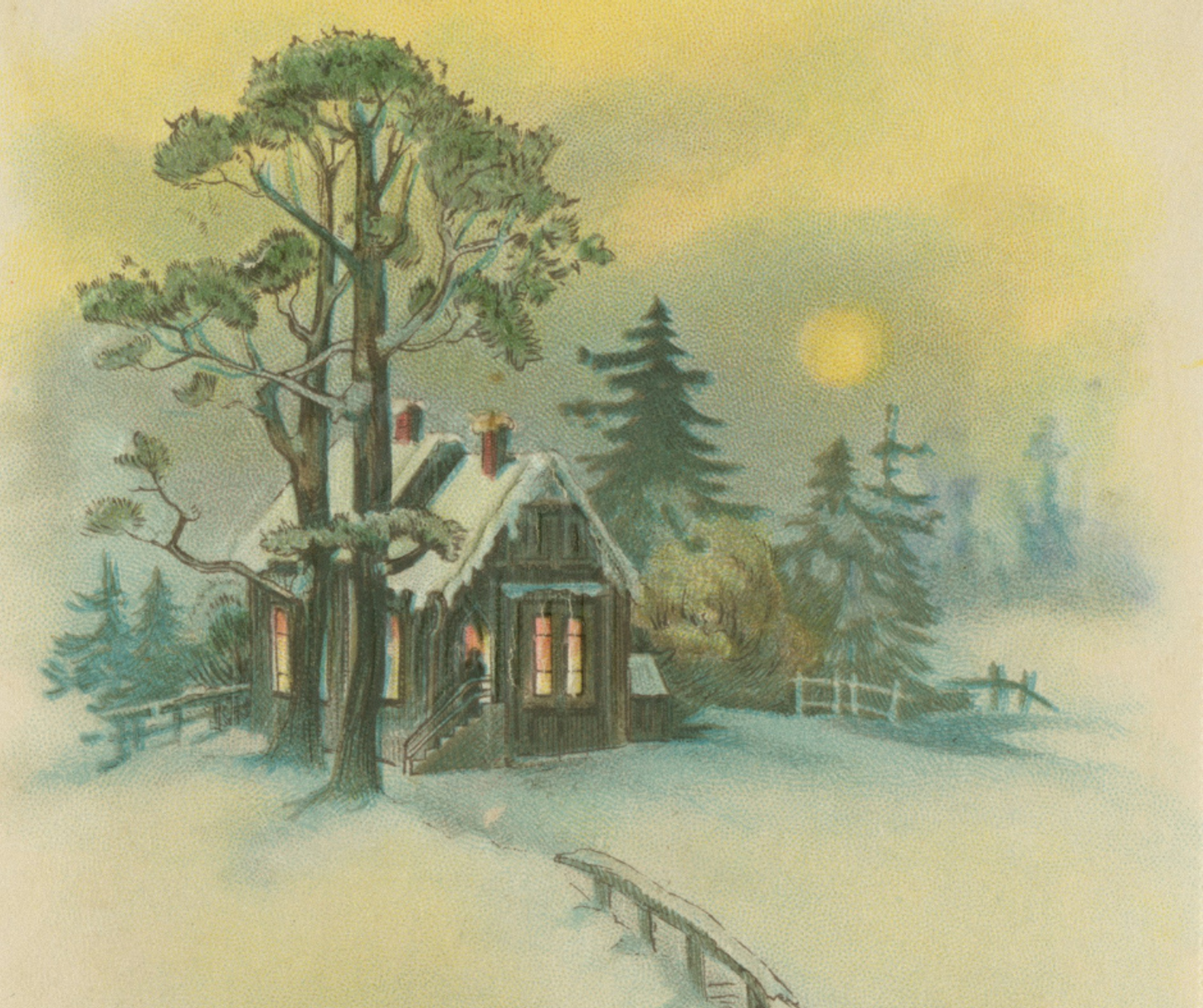 Illustrasjon av en liten hytte i et snødekt landskap