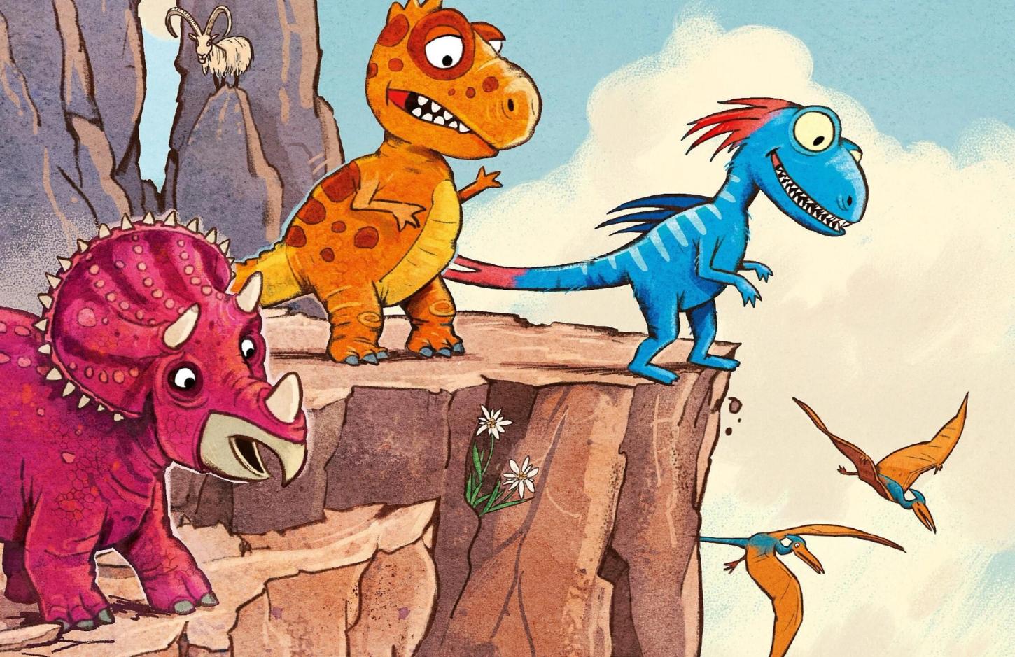Illustrasjon av tre dinosaurer som står på en klippe, to flyvende dinosaurer i bakgrunnen