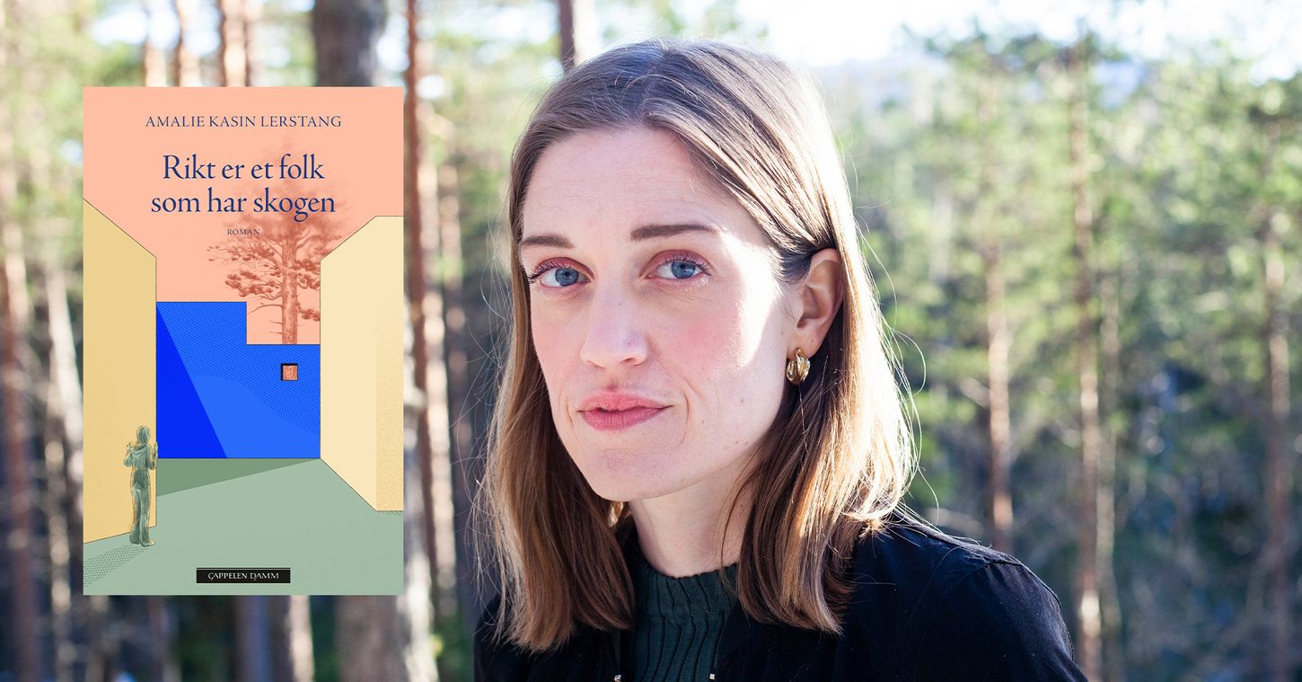 Portrett av Amalie Kasin Lerstang i skogen, og et bilde av omslaget til romanen "Rikt er et folk som har skogen"