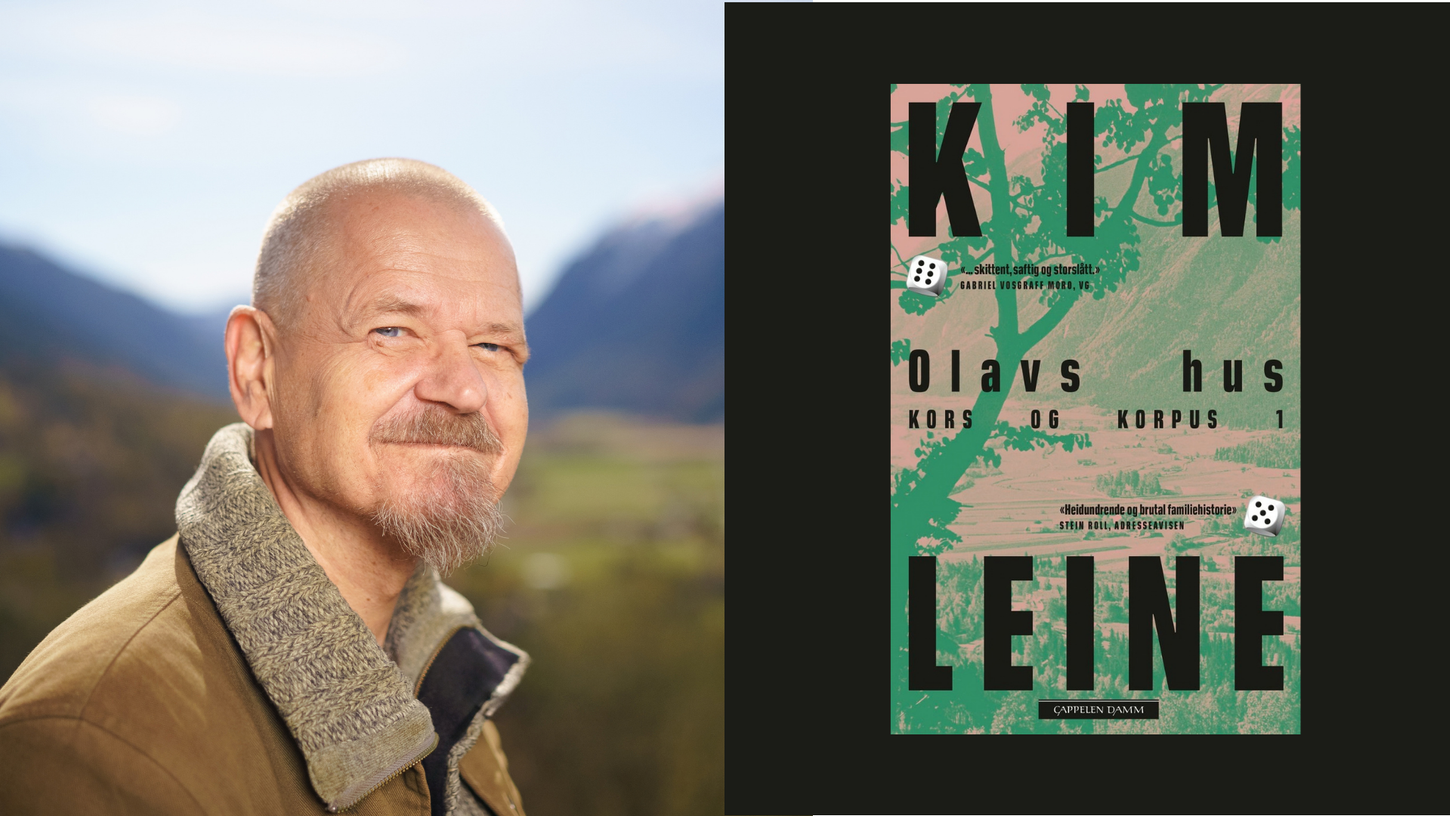 Portrett av Kim Leine og omslag av boka Olavs hus