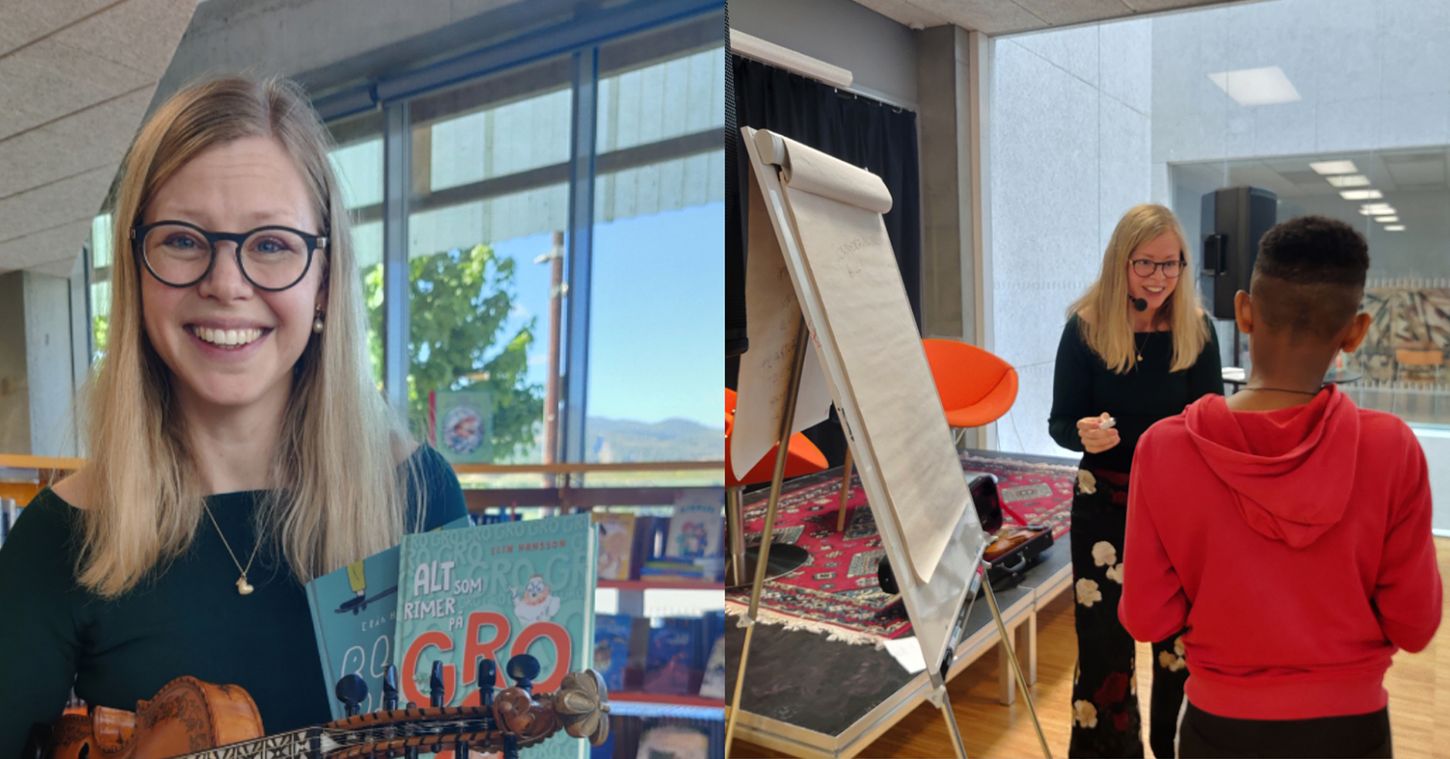 Forfatter Elin Hansson som holder opp bøker, og Hansson i samtale med en gutt.