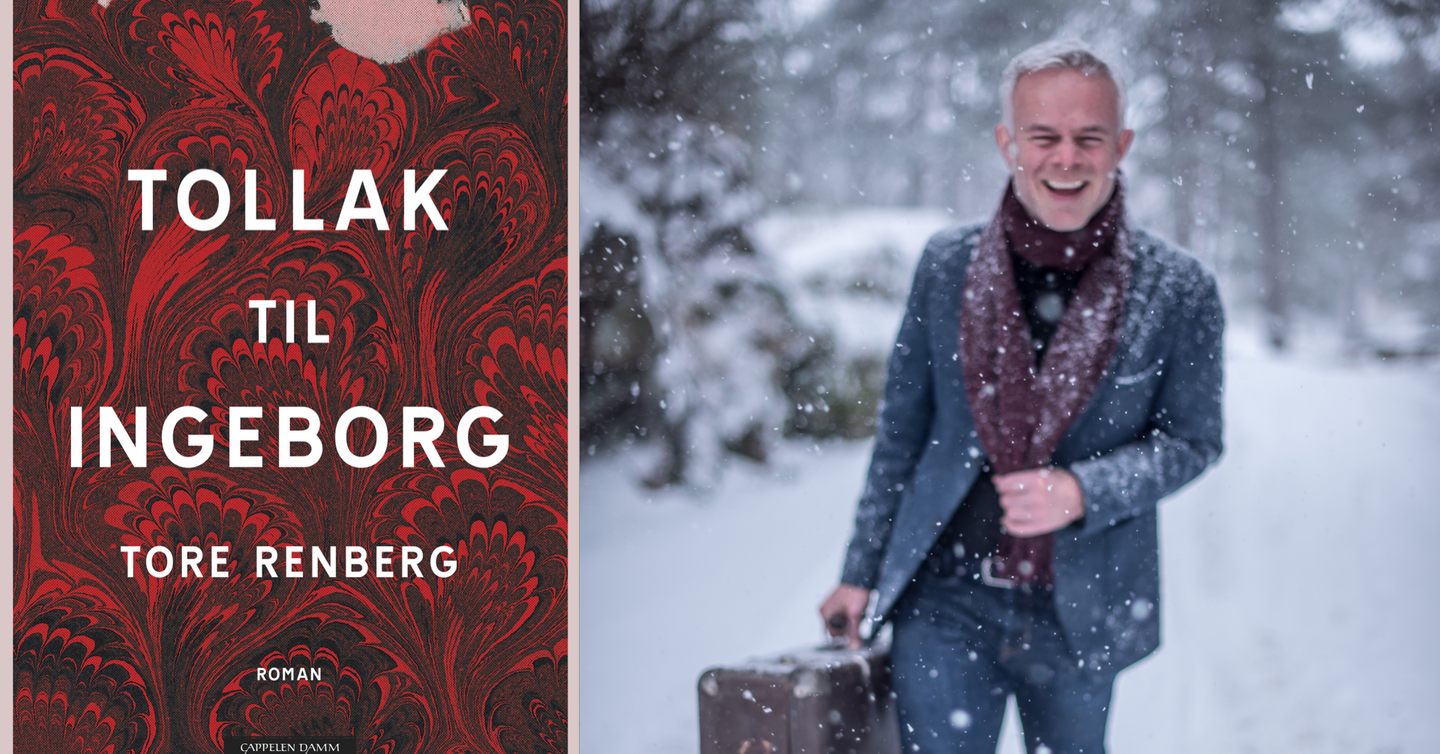 Omslag til romanen Tollak til Ingeborg, og et foto av Tore Renberg som springer i snøen mens han holder en koffert.