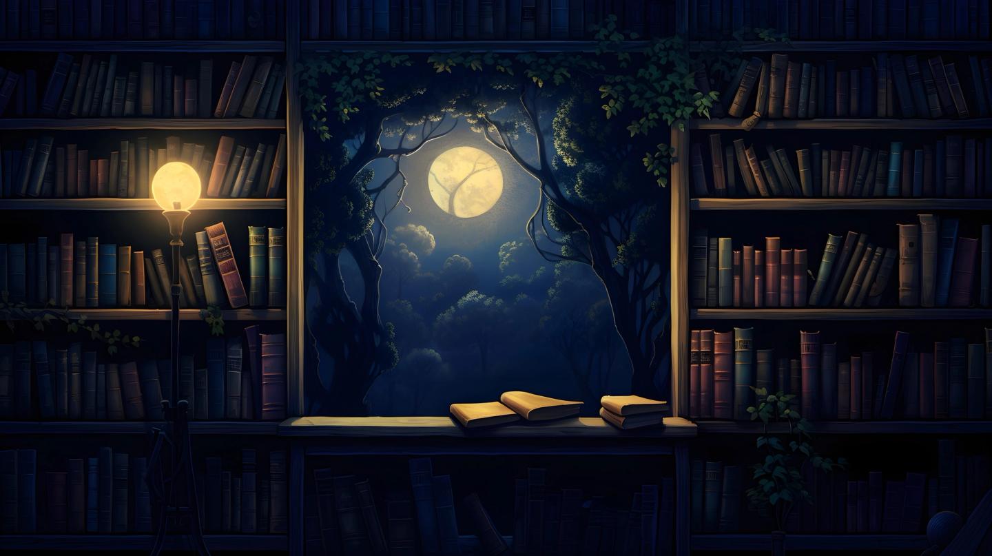 Natt på biblioteket vindu
