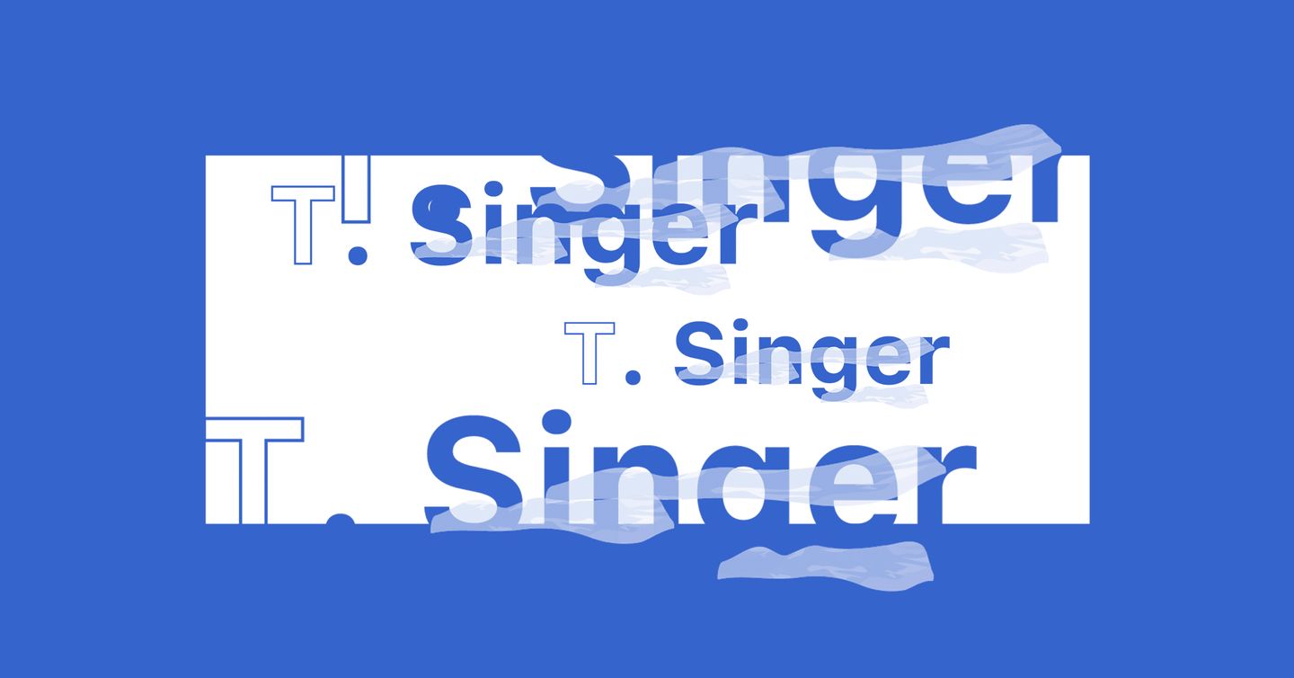Teksten "T. Singer" i ulike størrelser med blå ramme rundt