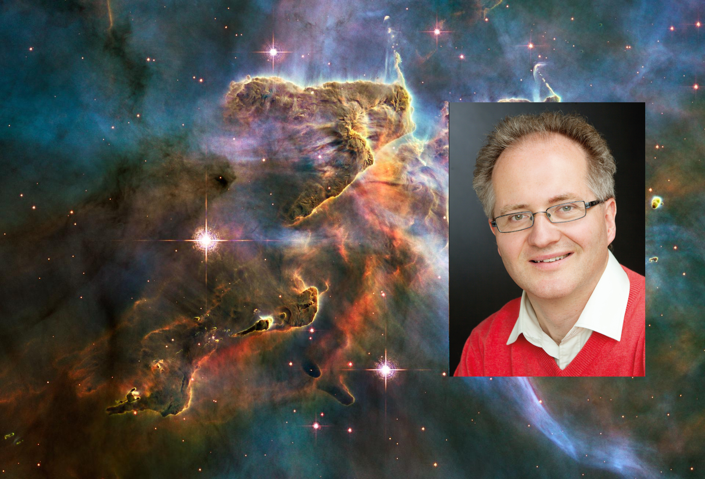 En gassky i universet og et innfelt bilde av astrofysiker Knut Jørgen Røed Ødegaard