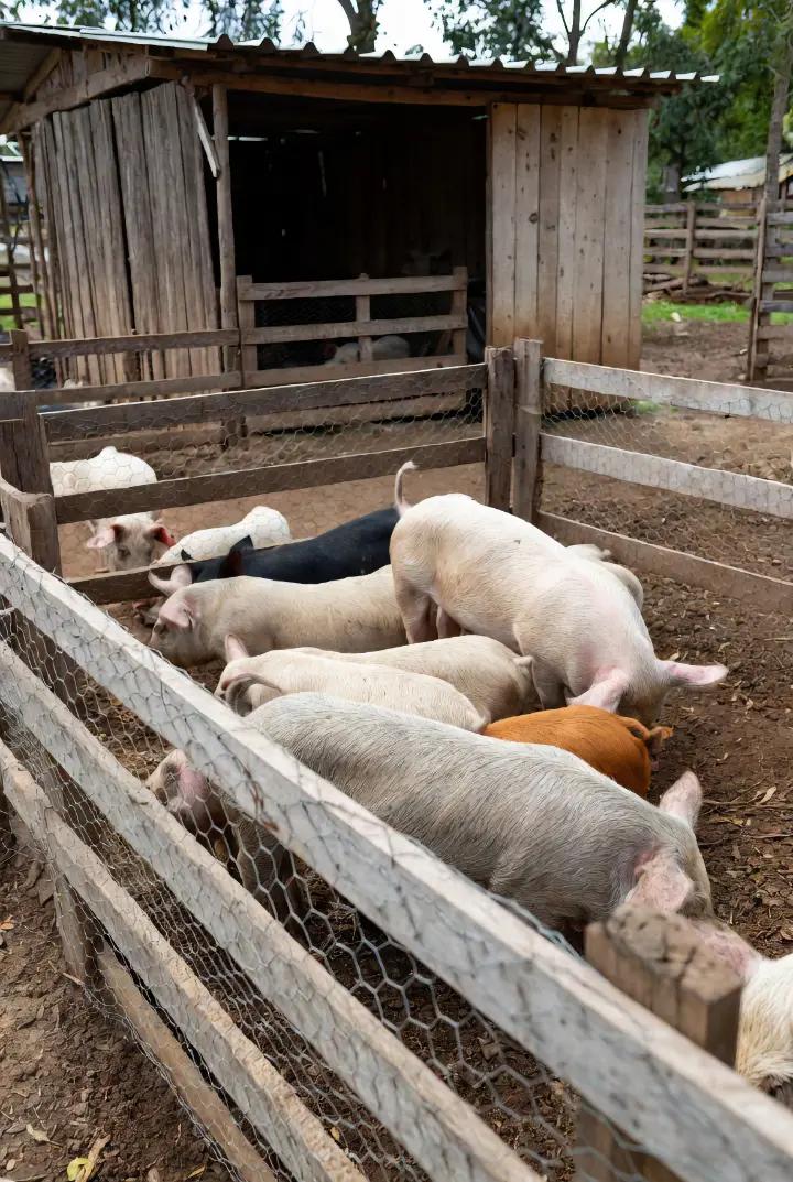 Backyard hog raising setup with pigs in a clean pen