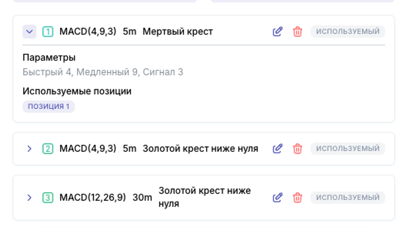 Список добавленных условий; раскрыв условие, видно его параметры и позиции, которые его используют