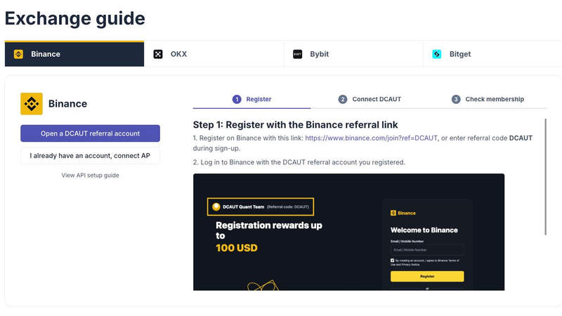 Seleccione un exchange en la página de la promoción de DCAUT y abra su página de registro de referidos