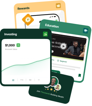 Preview of the Roots app showing an investing account, educational content, and rewards features