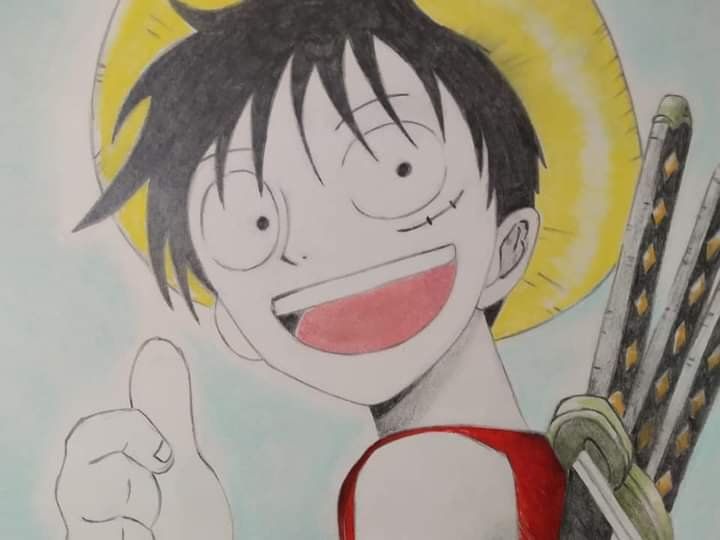 Un personnage de manga souriant, coiffé d'un chapeau de paille
