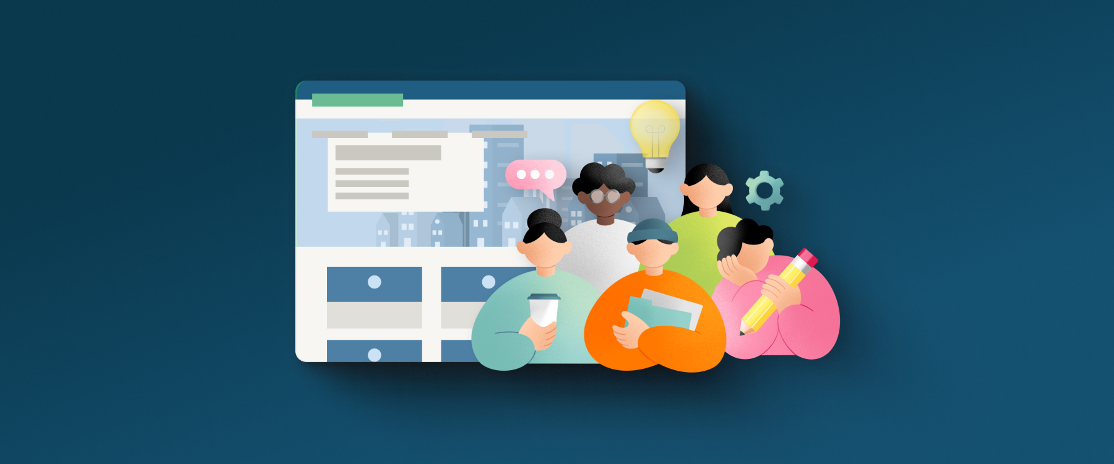 Illustration of simplified Kausal Watch user interface with a group of diverse people discussing climate actions and funding