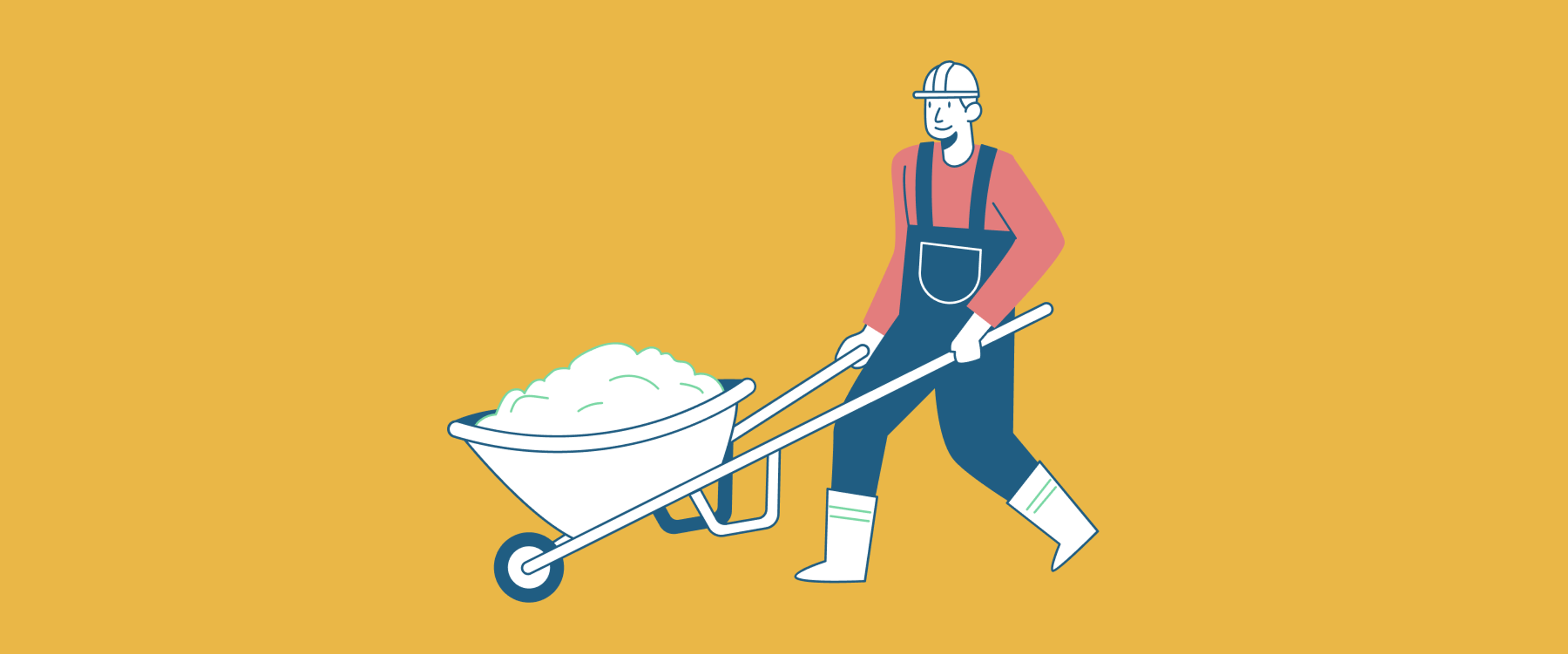 Illustration of a man in construction gear pushing a wheelbarrow