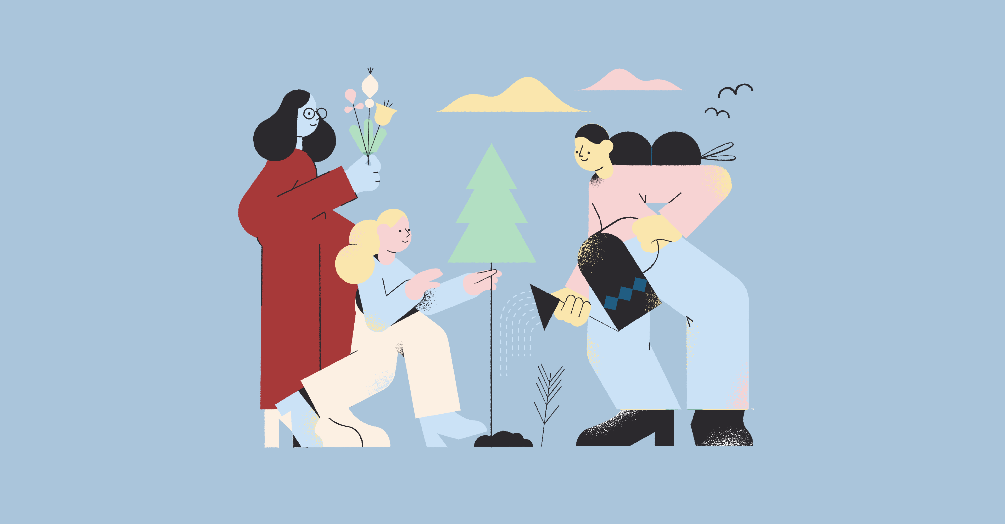 An illustration of a group of people tend to a young tree together — one person waters it with a watering can, another holds flowers, and a child reaches out to touch the sapling — set against a soft blue sky with rolling hills in the background.