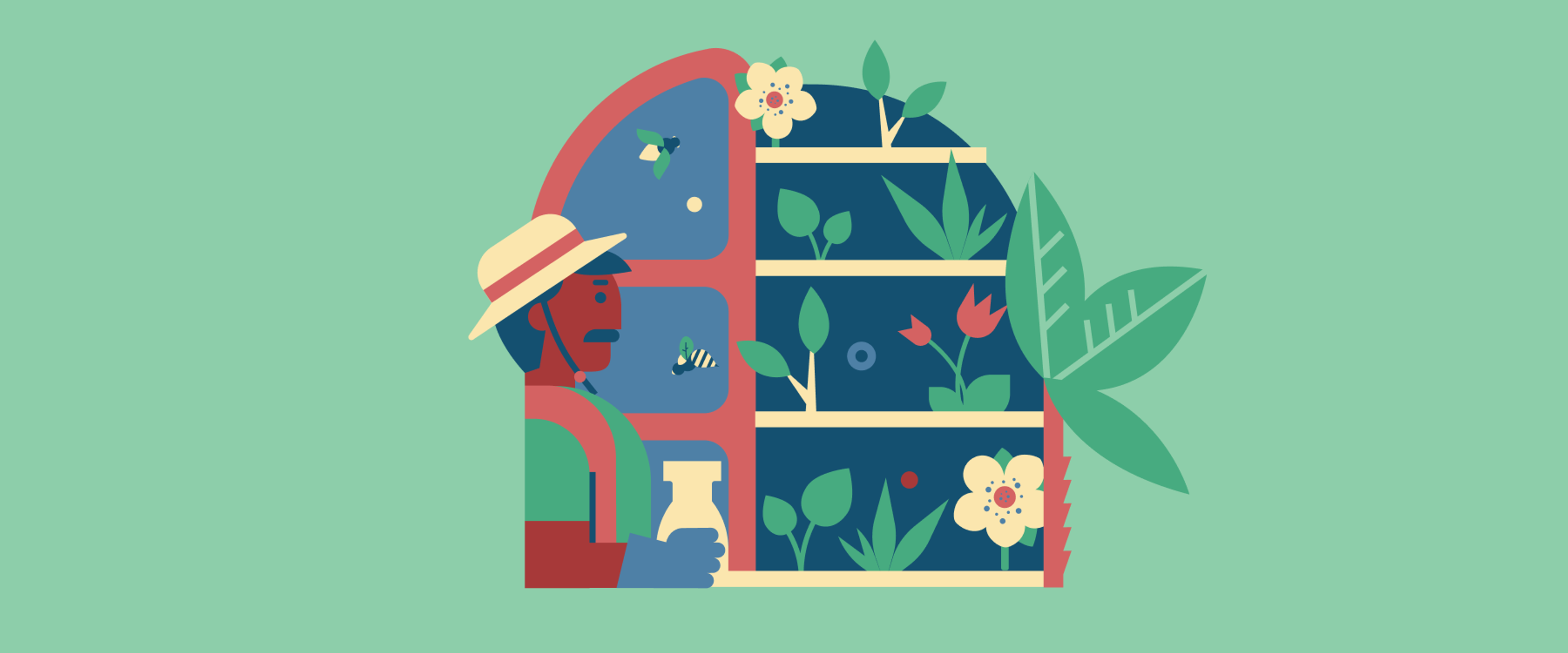 Illustration of a gardener with different plants in the background placed on shelves. Bees flying around the plants