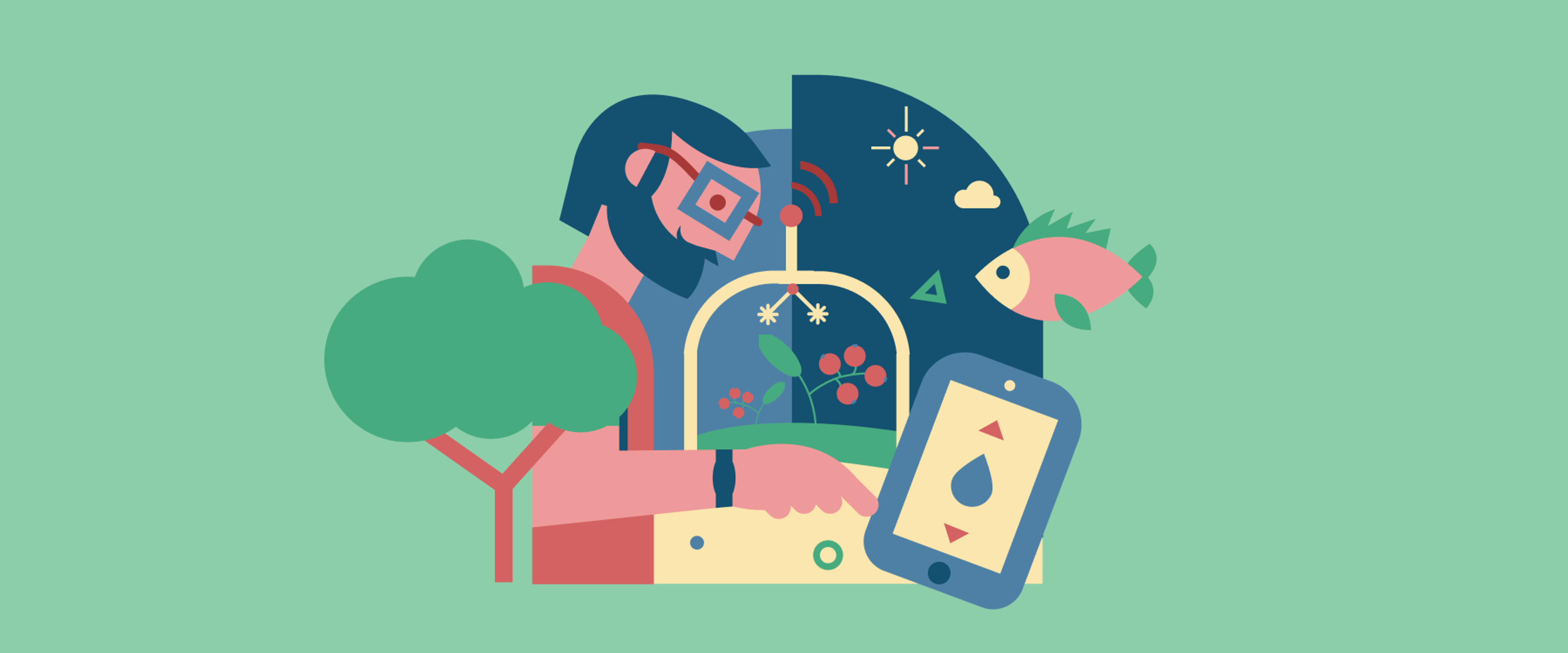 Illustration of a man unsing an app with water droplet icon. Plants and animals are featured in the background