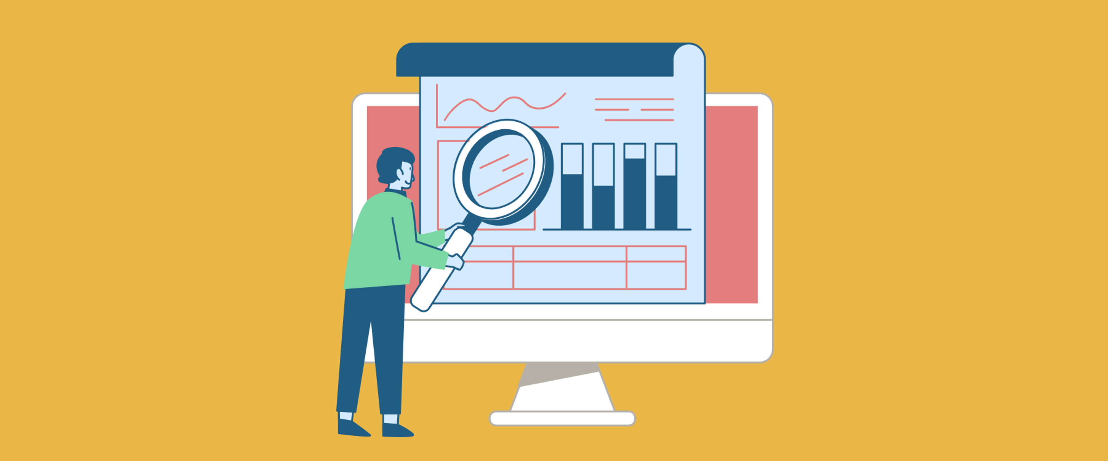 Illustration of a man inspecting data visualisations with magnifying glass