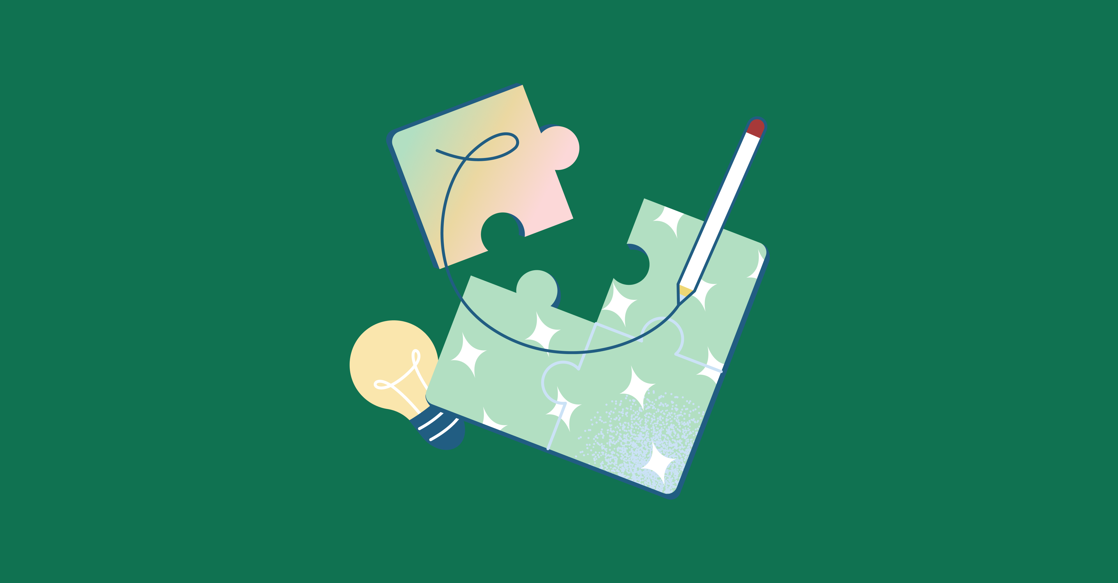 Puzzle pieces coming together alongside a pencil and glowing lightbulb, representing the ideas, planning, and collaboration needed to form a green team for urban sustainability.