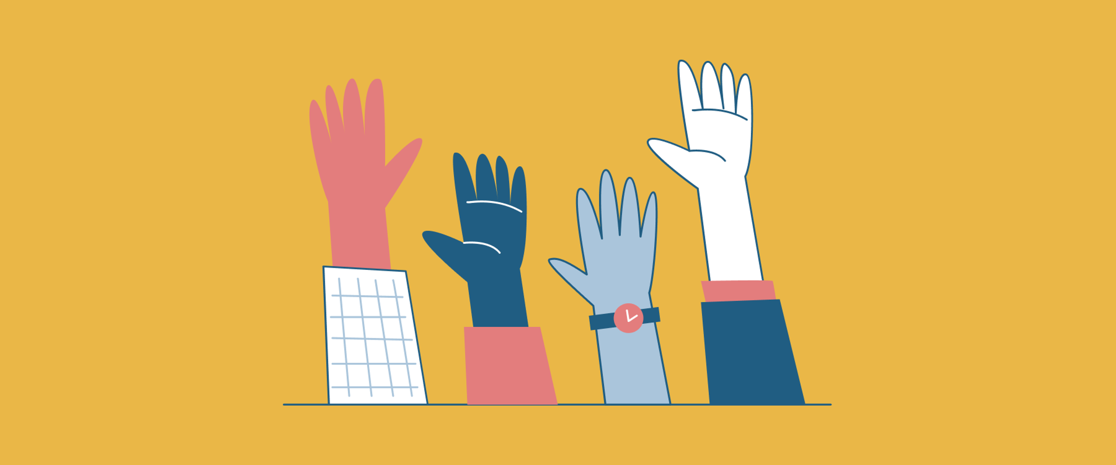 Illustration of four raised hands