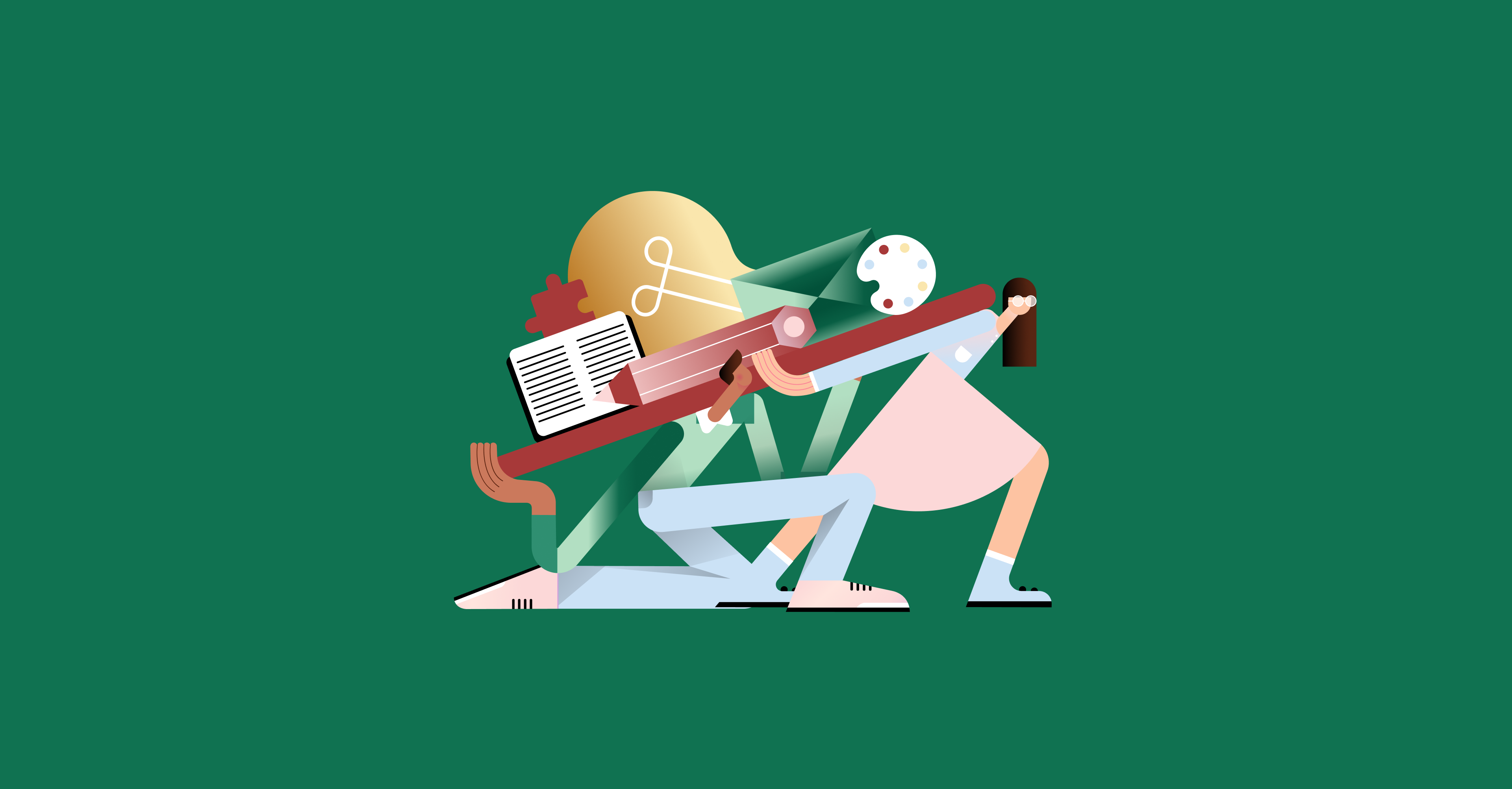 Two colleagues collaboratively carry an oversized pencil loaded with creative tools like a notebook, lightbulb, paint palette, and puzzle piece, symbolising the teamwork and diverse skills behind building green teams for city sustainability initiative.