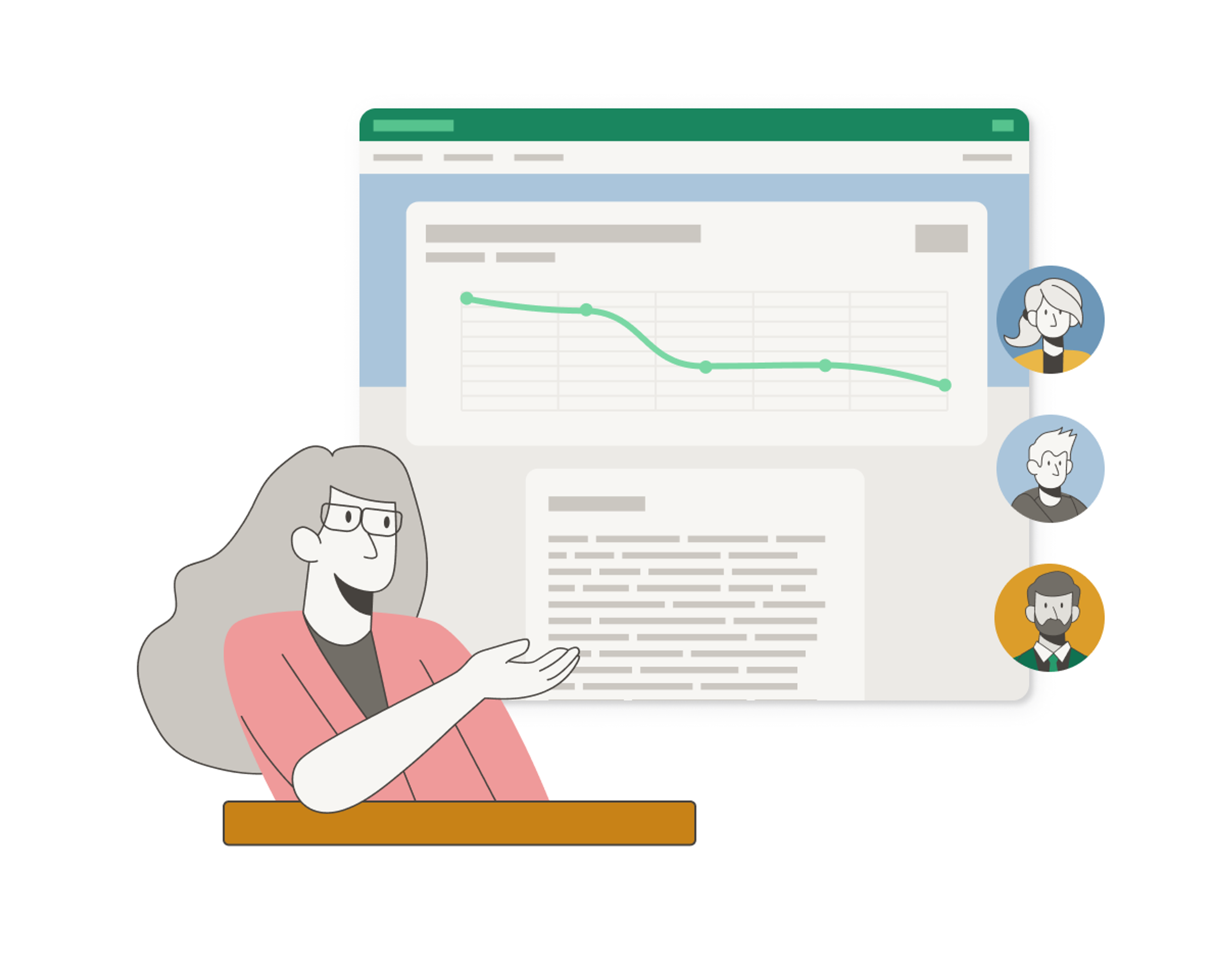 A Woman presenting a screenshot of a data visualisation to a group of virtual user avatars