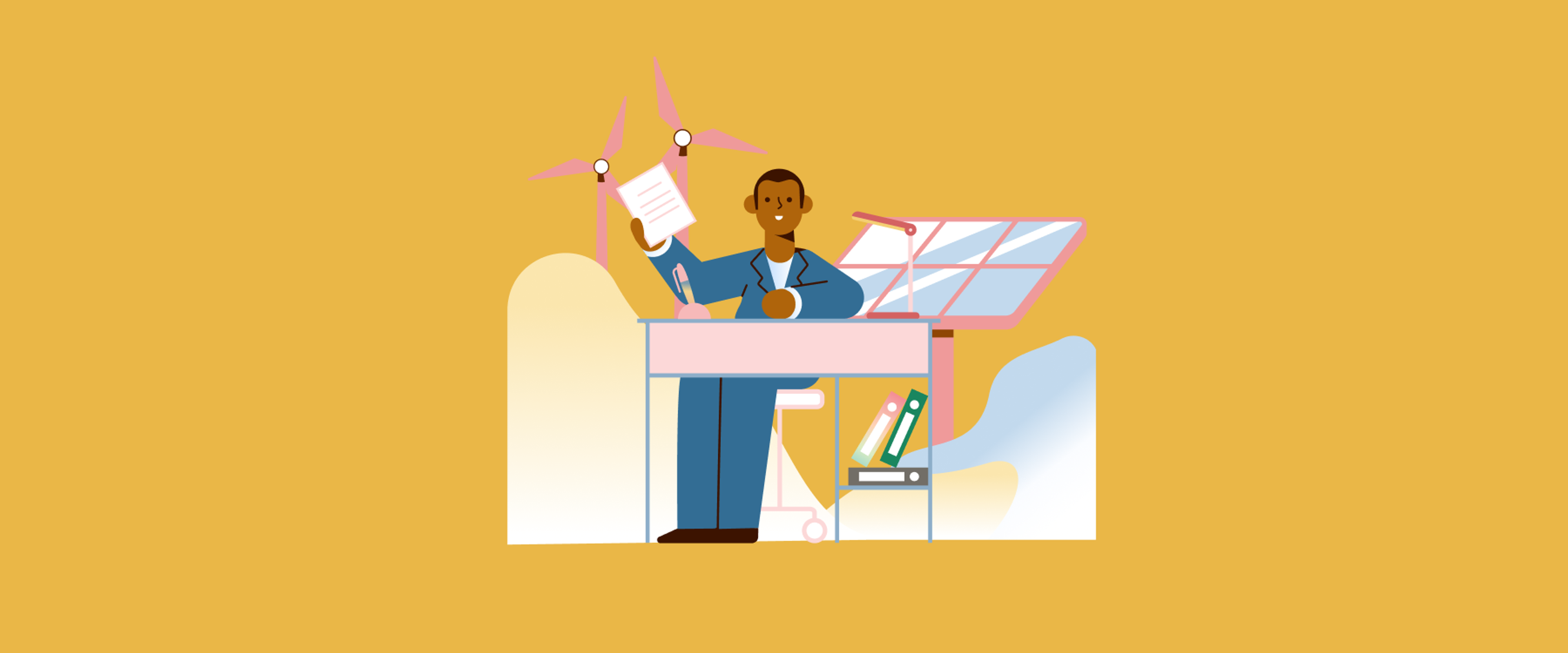 Illustration of a man sitting by text and holding up a plan paper. There are wind turbines and solar panels in the background.
