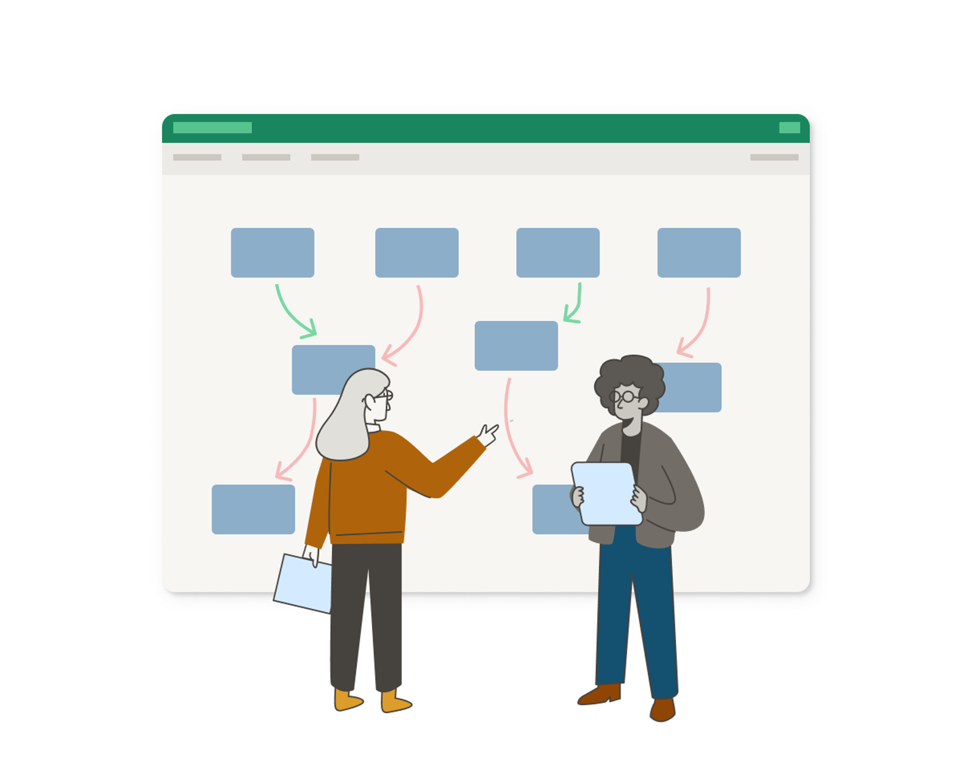 Two people planning together in front of a large flowchart