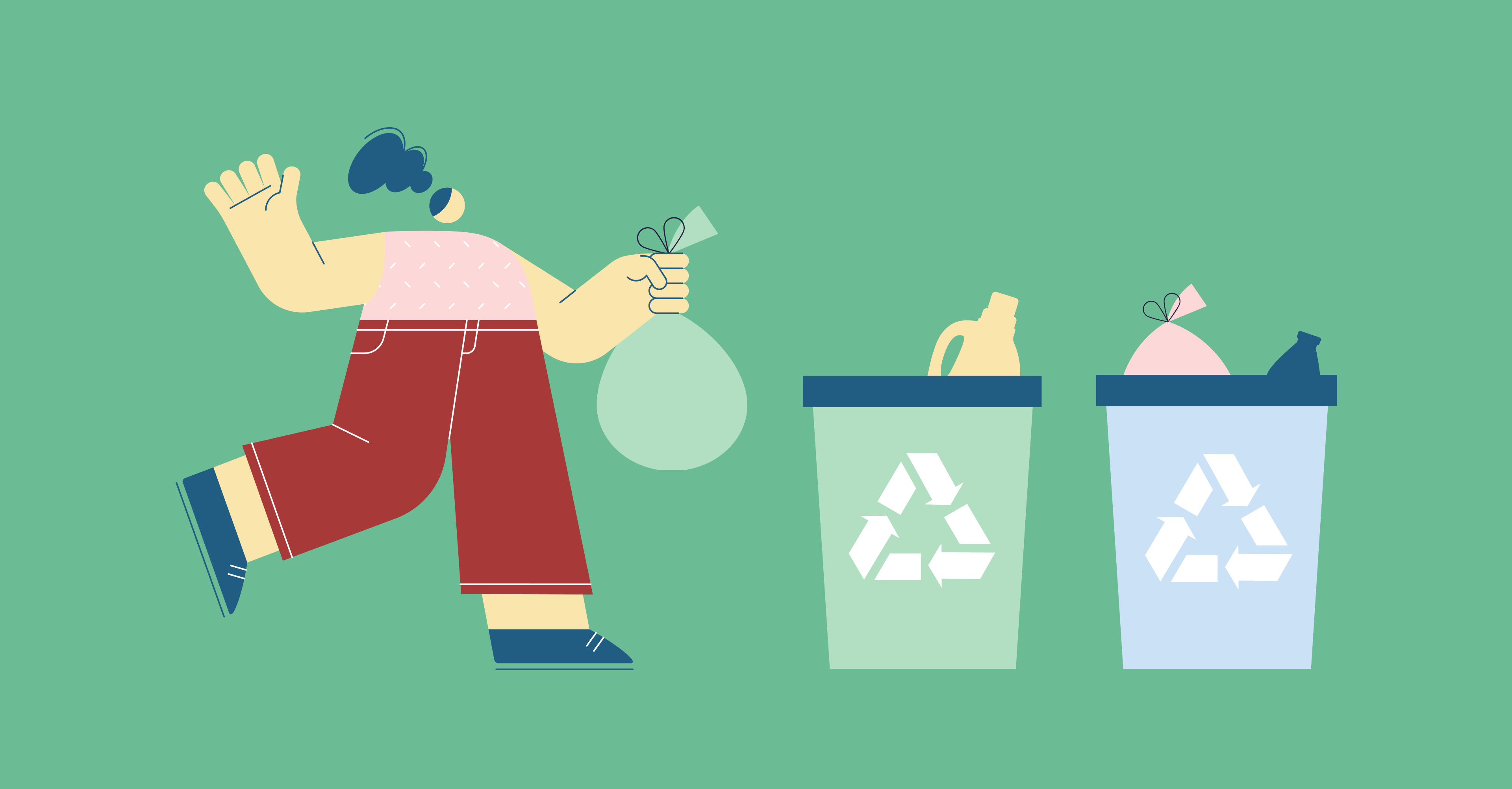 Illustration of a person hurrying to sort trash into separate recycling bins, representing residents taking action in waste recycling and the circular economy