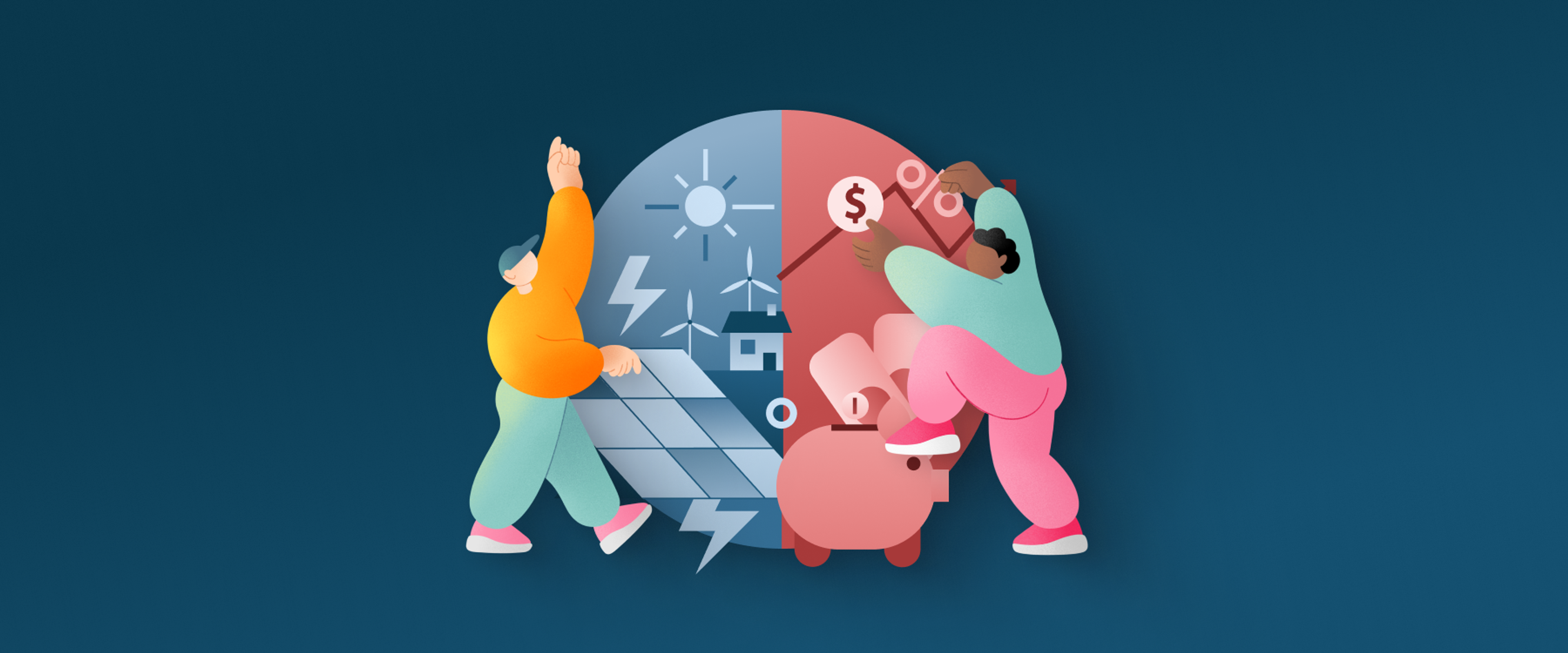Illustration of a two characters. The other one is taking care of green energy elements and the other one is handling money