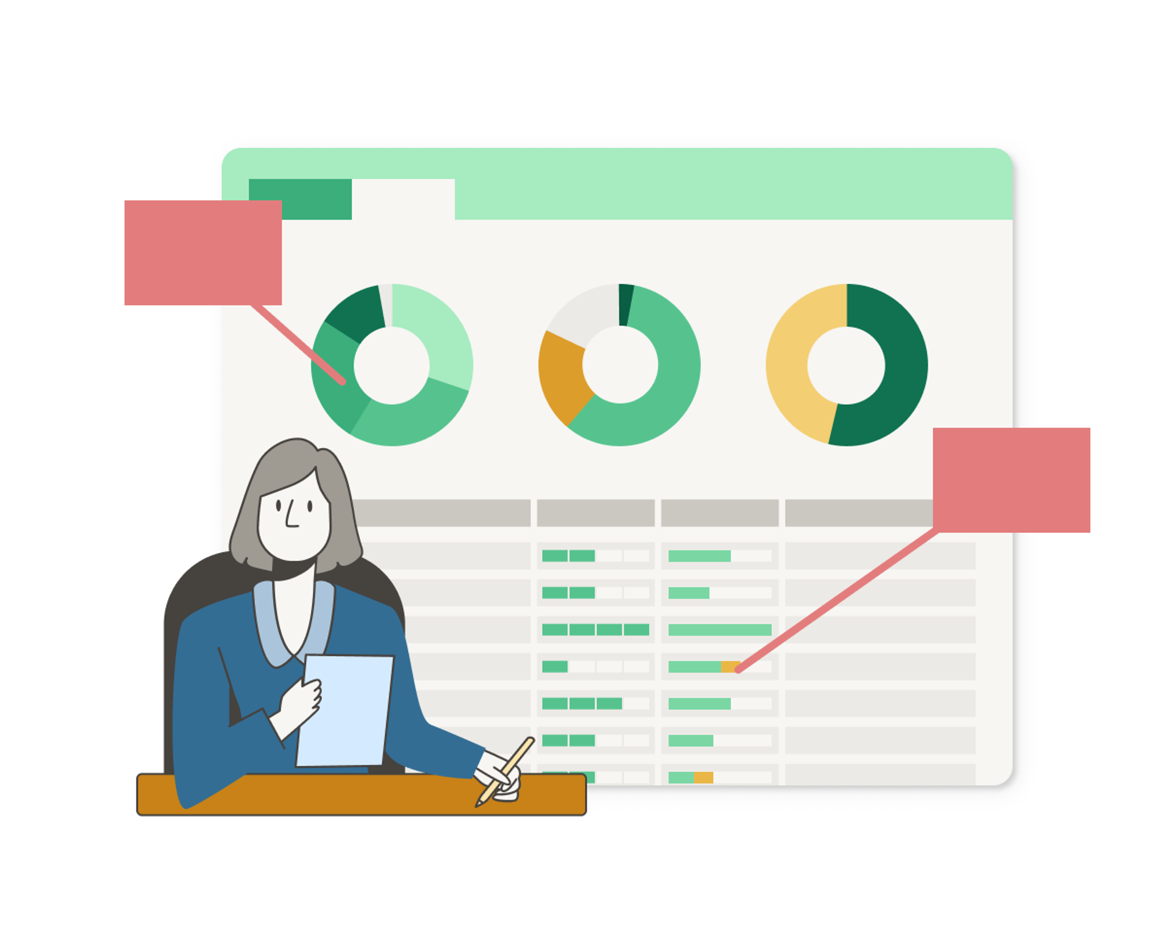 A woman with a screenshot of a data dashboard