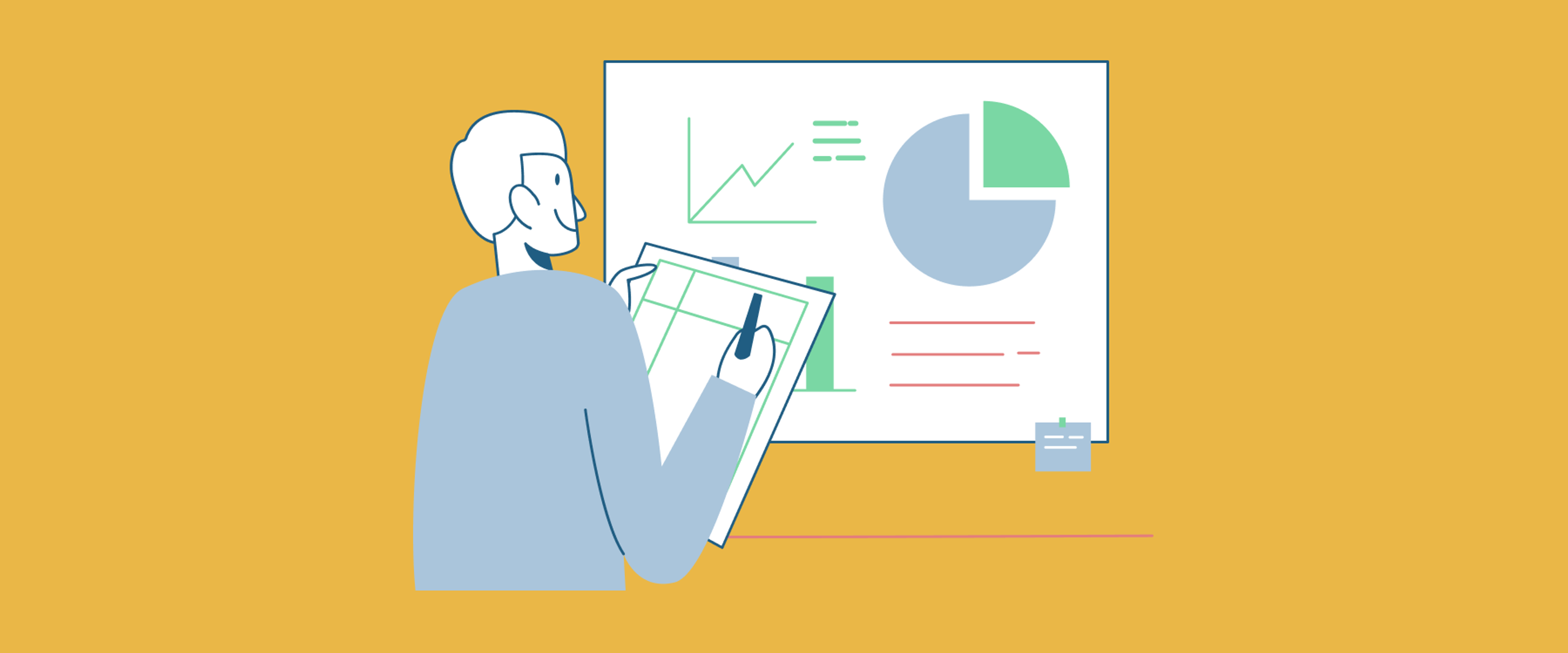 Illustration of a man looking at data visualisations and making notes