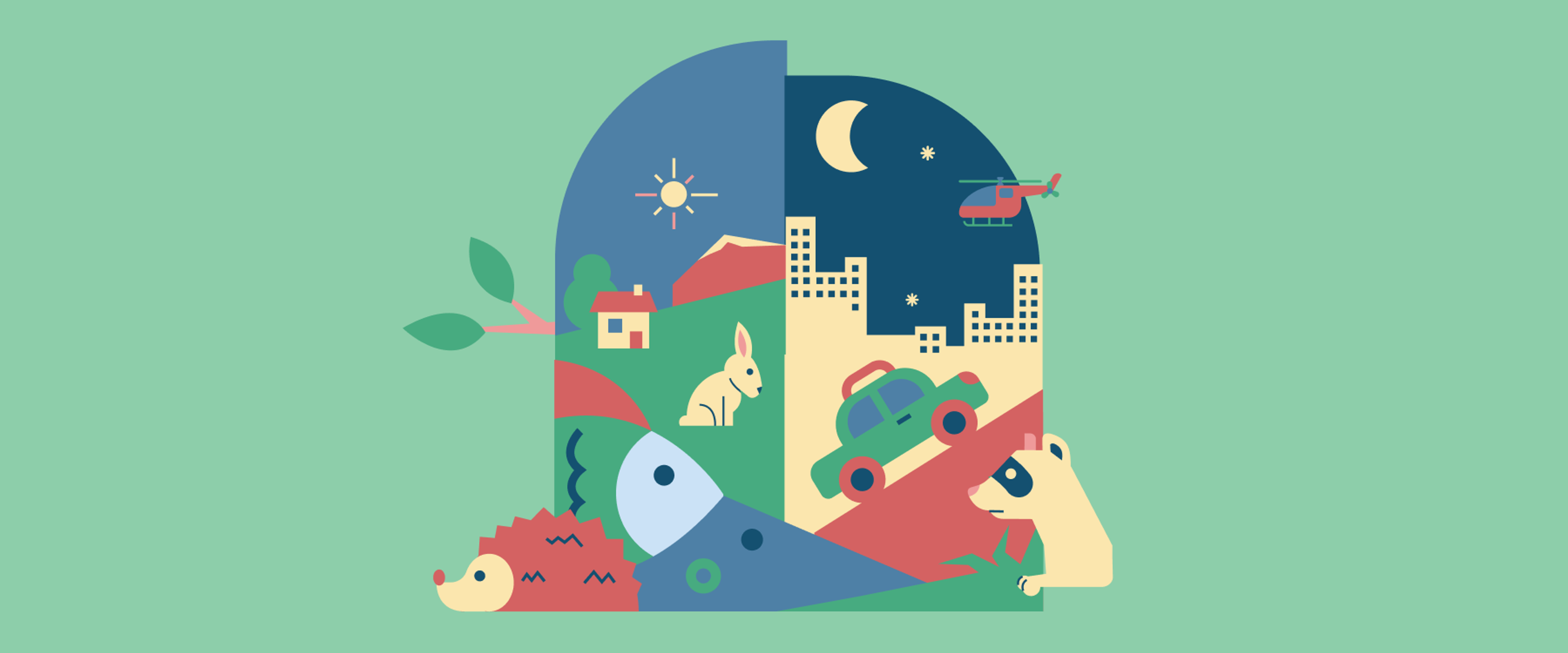 Illustration of an urban landscape with buildings and a park. A foodtruck, a person eating a taco and several city dwelling animals and insects