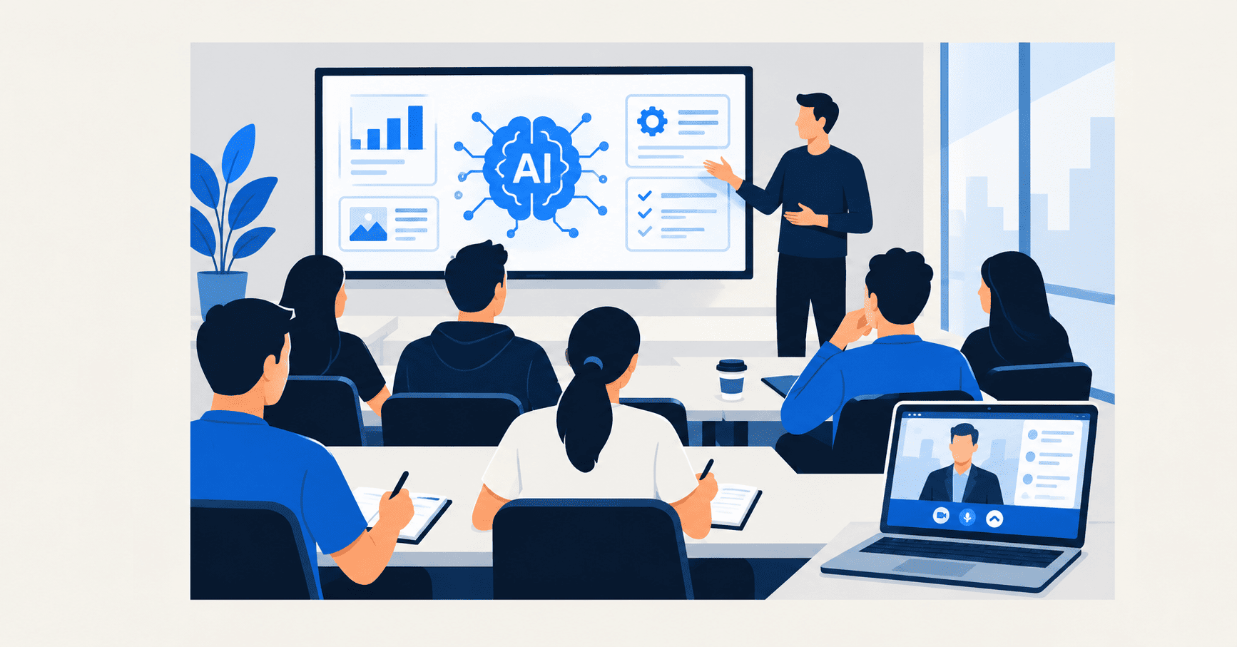 Capacitación sobre inteligencia artificial con asistentes presenciales y participación remota por videollamada.
