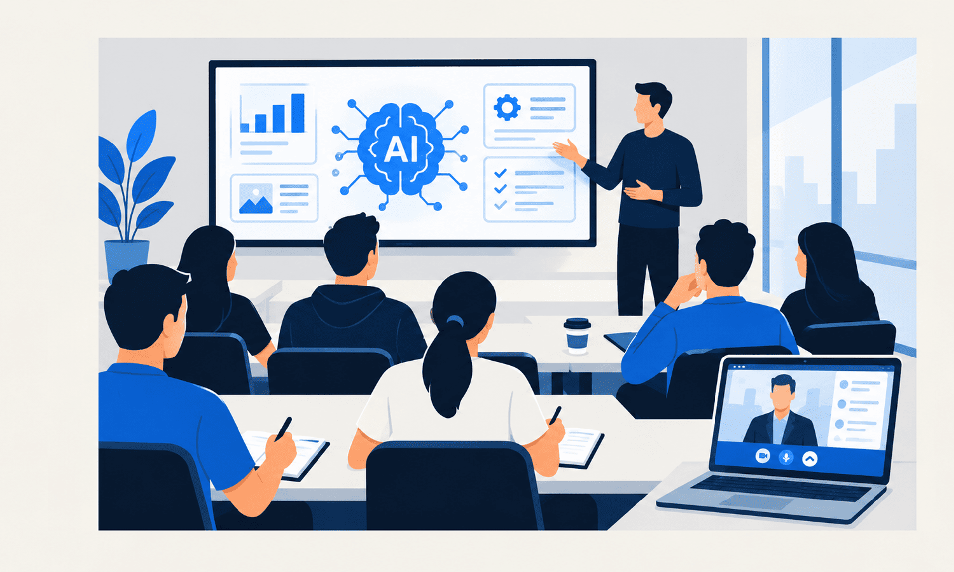 Capacitación sobre inteligencia artificial con asistentes presenciales y participación remota por videollamada.