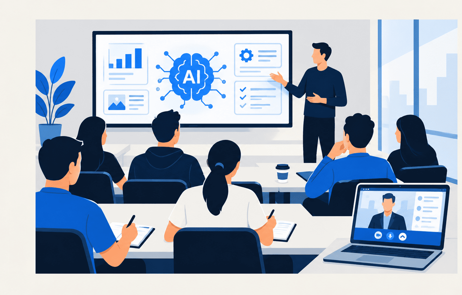 Capacitación sobre inteligencia artificial con asistentes presenciales y participación remota por videollamada.