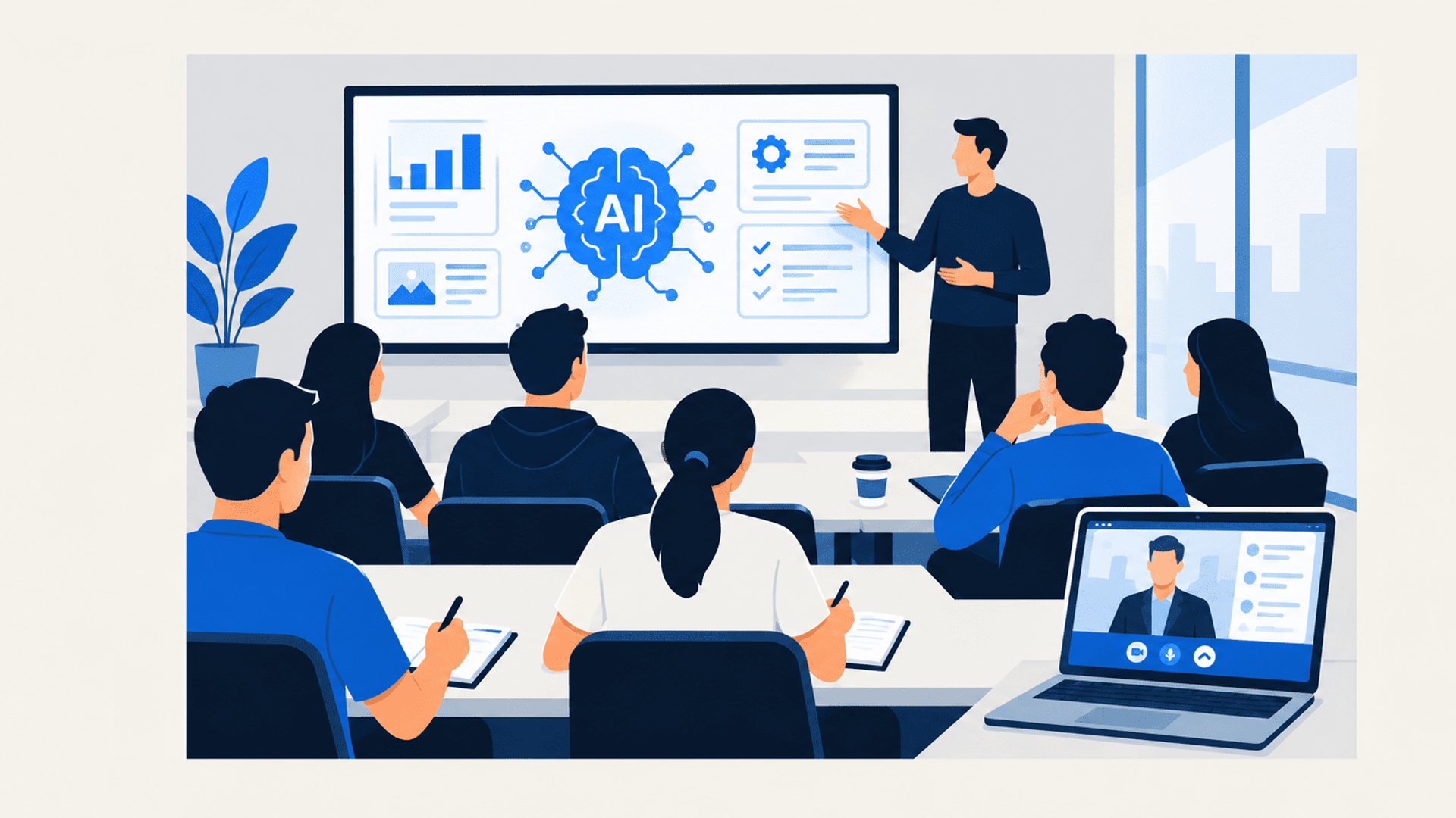 Capacitación sobre inteligencia artificial con asistentes presenciales y participación remota por videollamada.