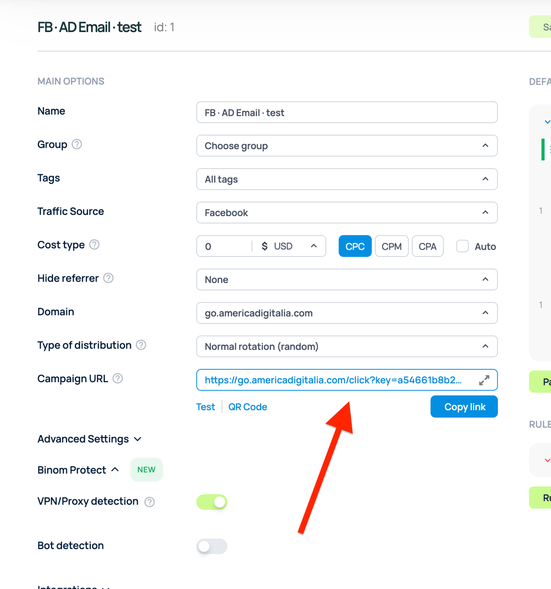 Configuración de campaña en Binom con URL de seguimiento generada para tráfico de Facebook.