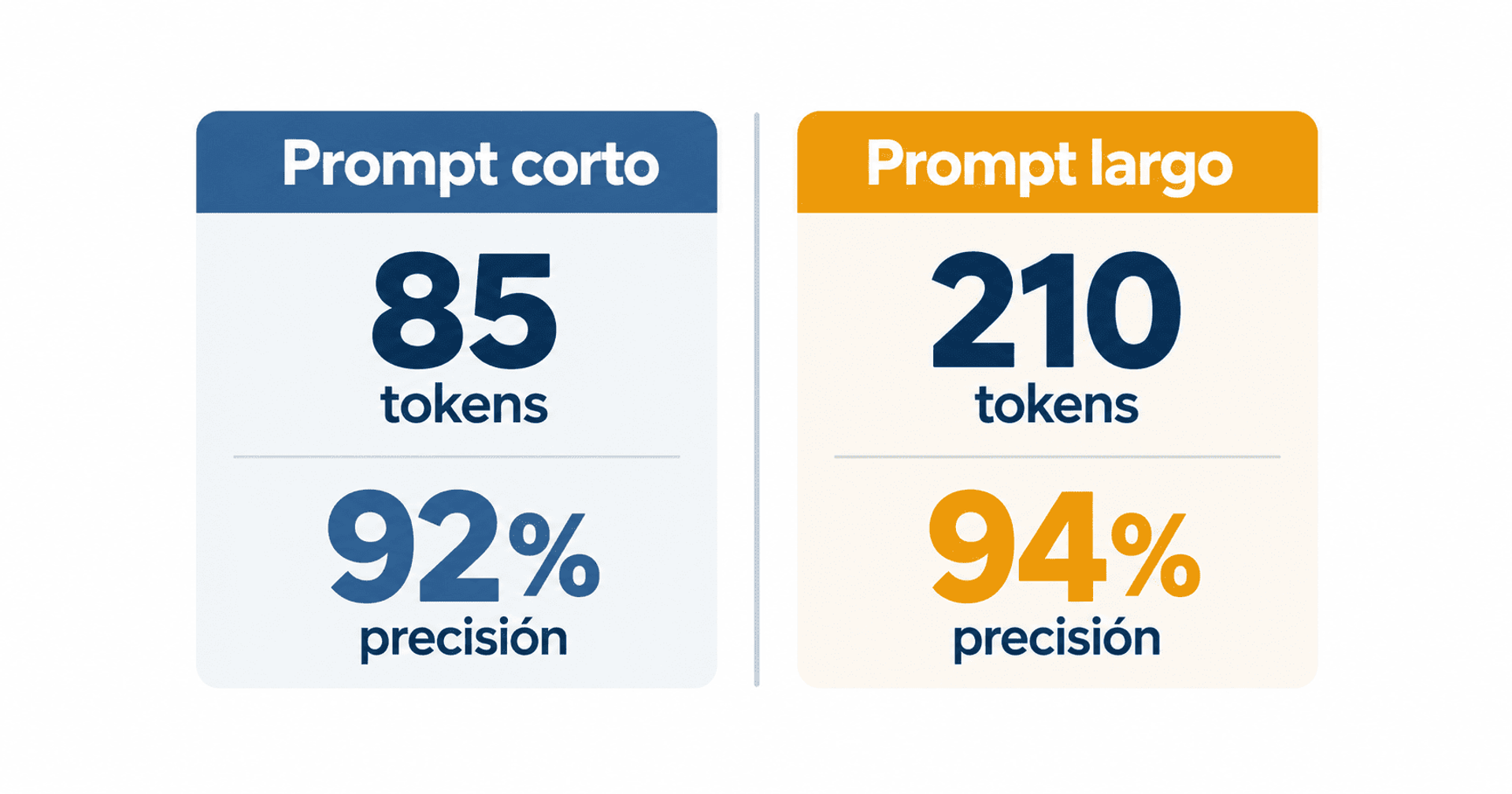 Comparación entre prompts cortos y largos según cantidad de tokens y precisión.